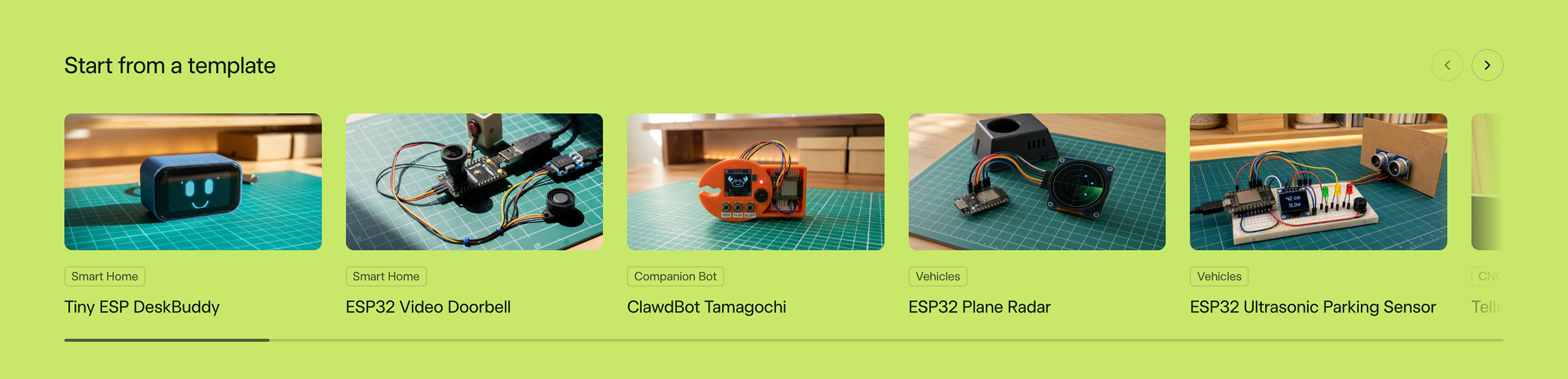 Schematik template gallery on lime green with a horizontal row of hardware prototype photo cards and titles