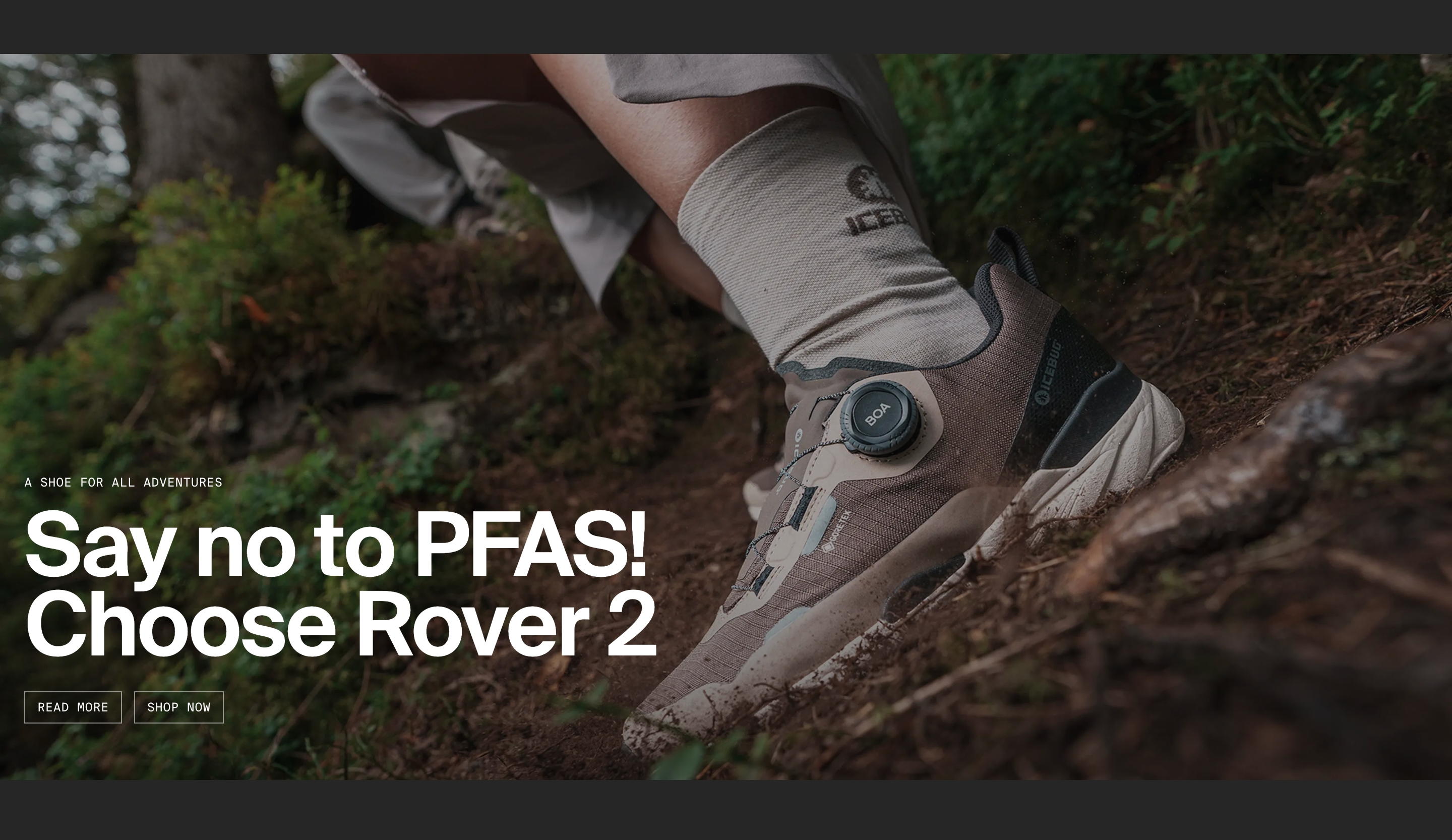 Icebug hero with a close-up hiking shoe on a forest trail, PFAS headline, and two outlined buttons.