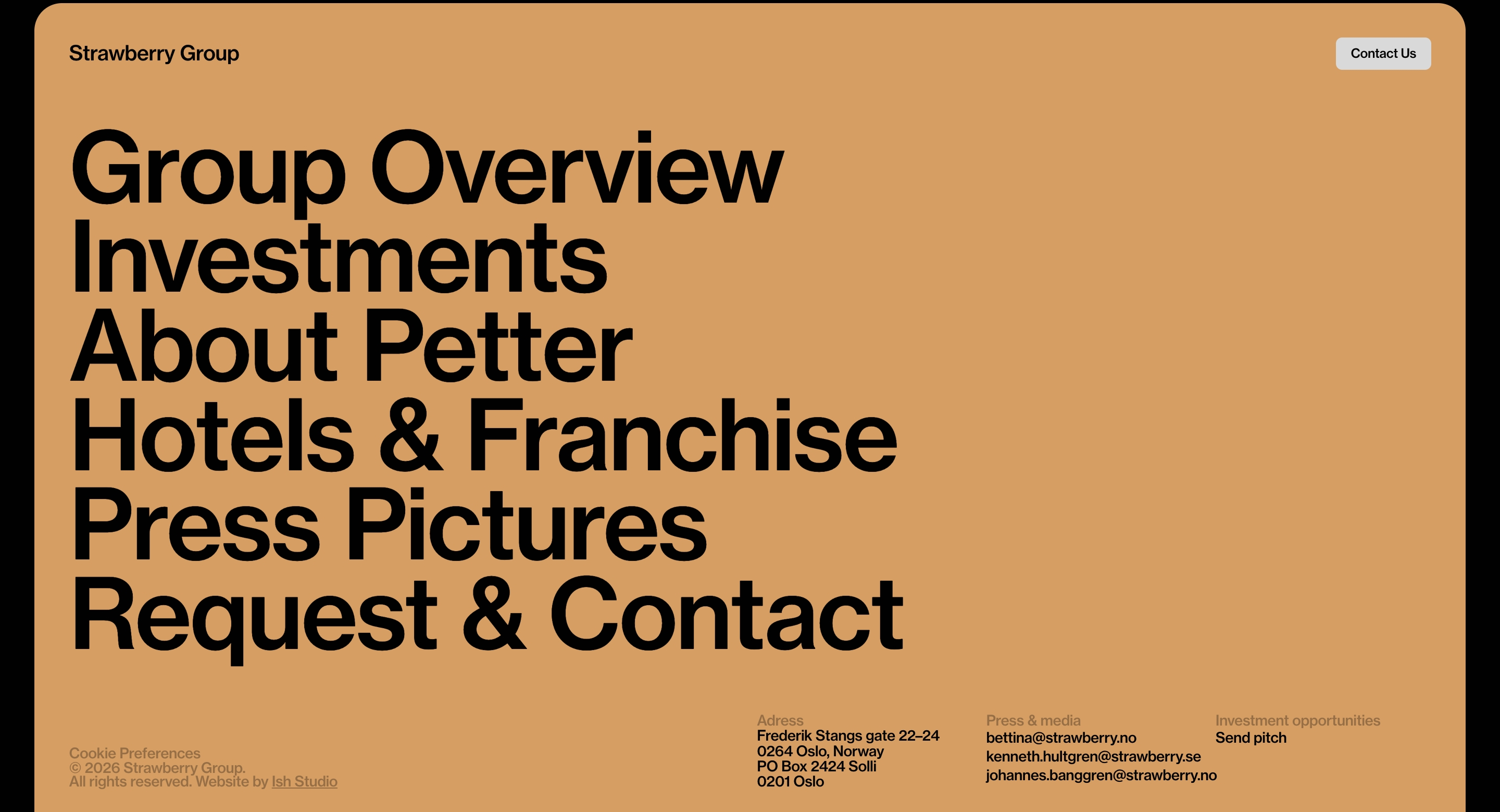 Strawberry Group site navigation footer with oversized stacked links and Oslo contact details on a tan panel.