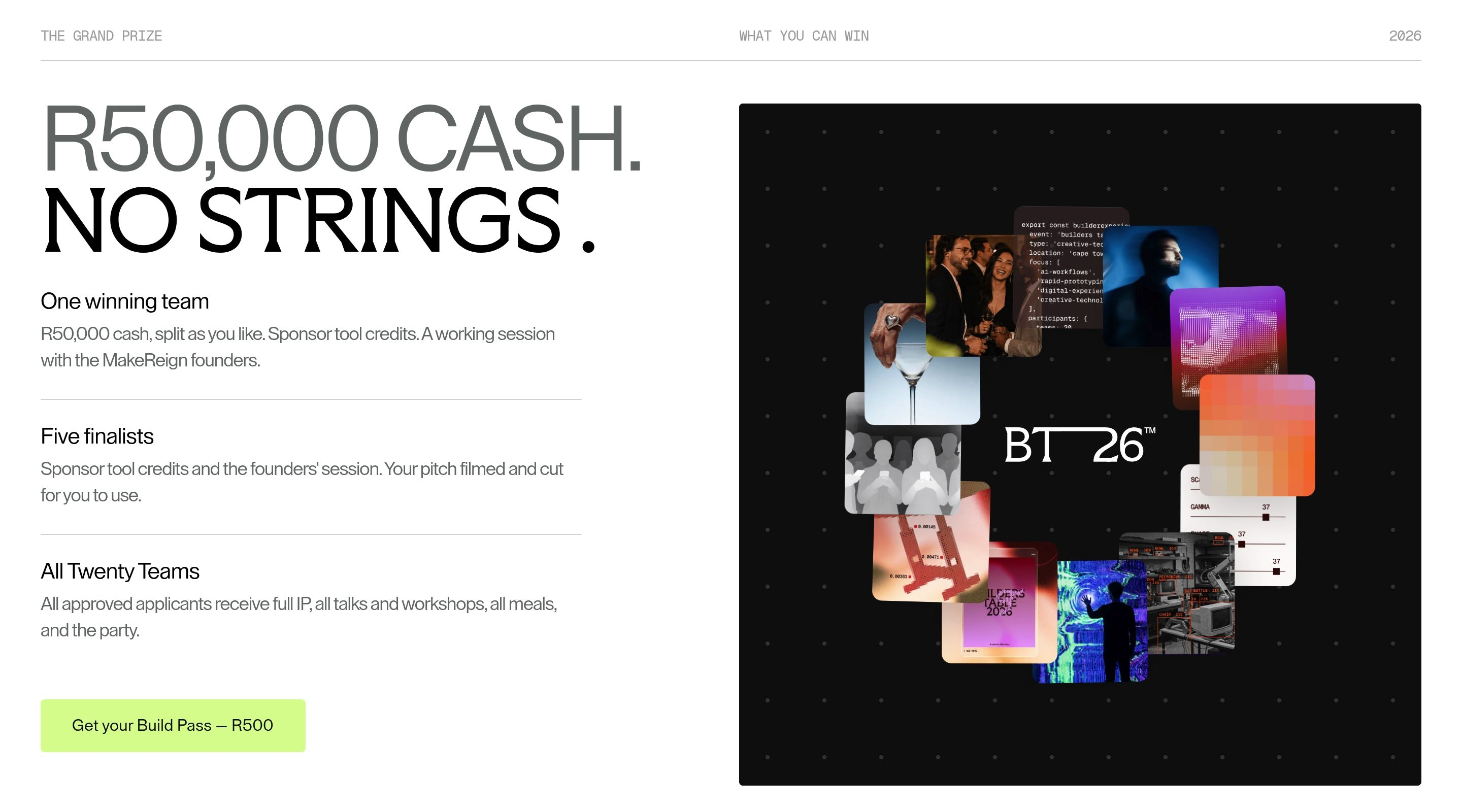 Builders Table prizes section with R50,000 cash headline, three prize tiers, lime CTA, and overlapping photo collage