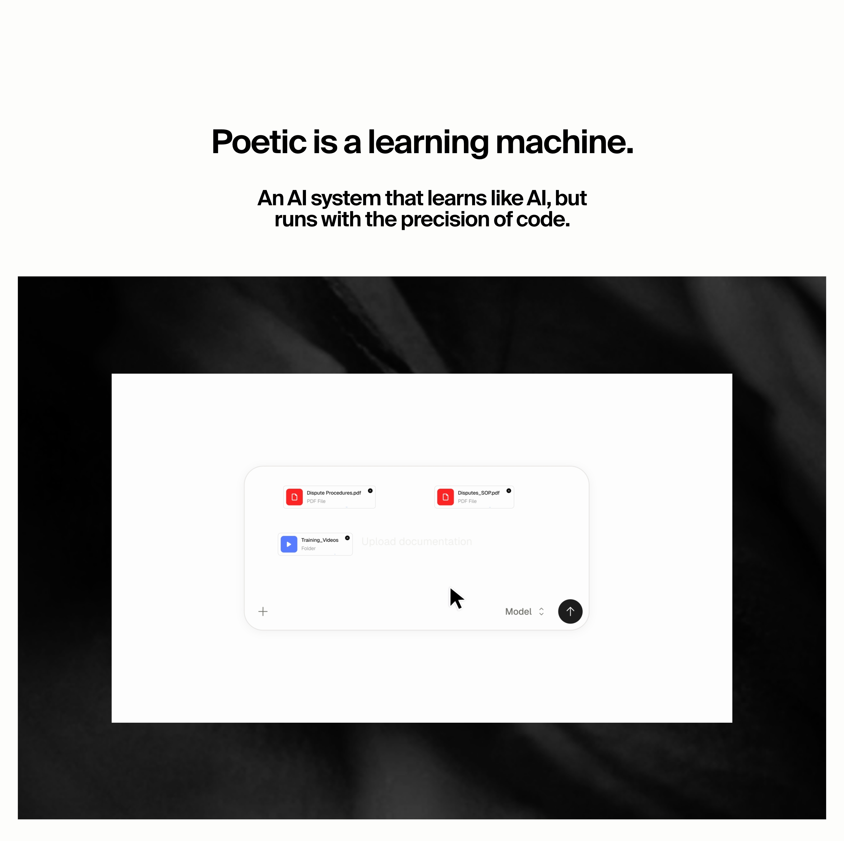 Poetic feature section: learning-machine headline above a white upload UI with PDFs and videos on a dark photo.
