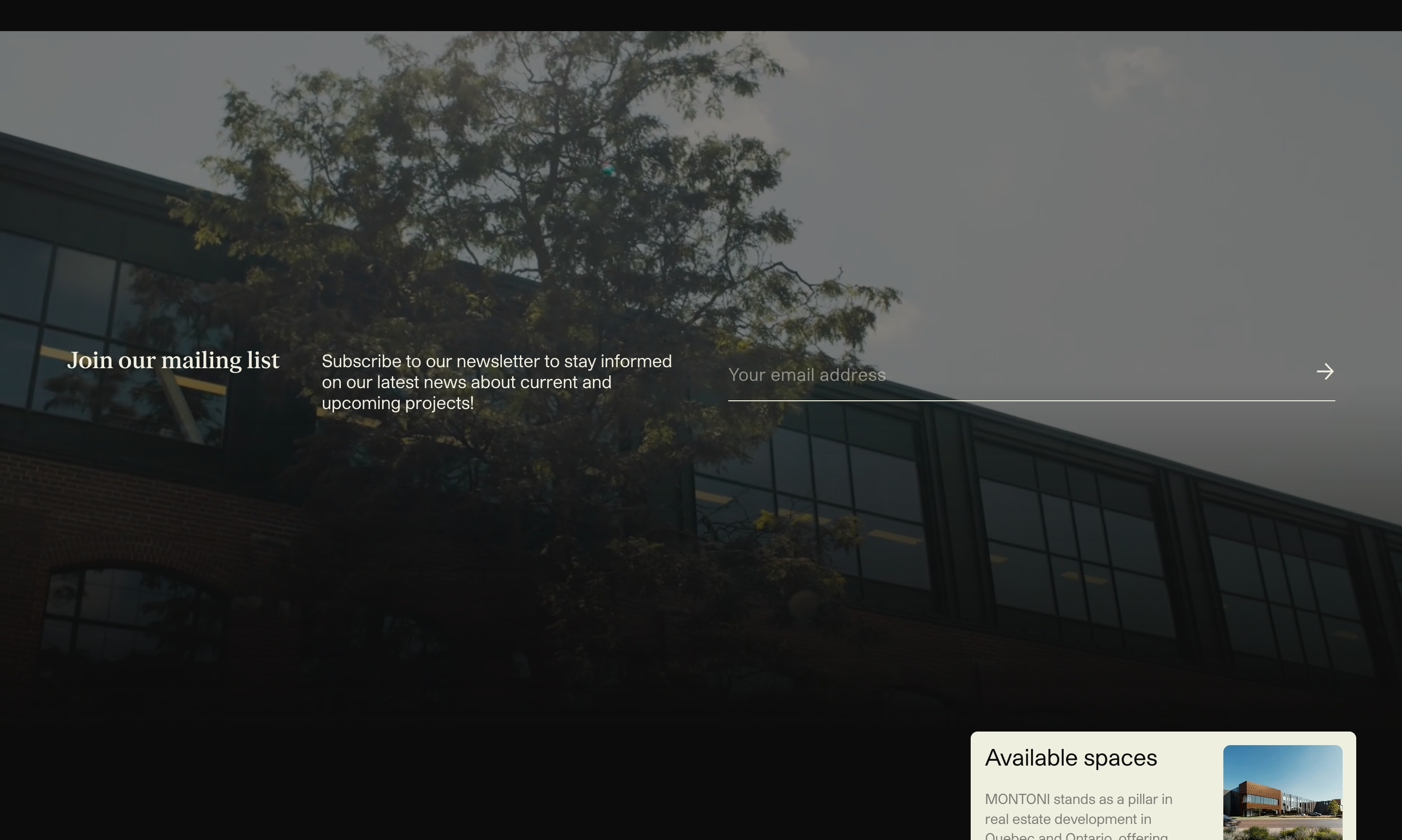 Montoni mailing list with cream headline and email field over a darkened brick office building photo.