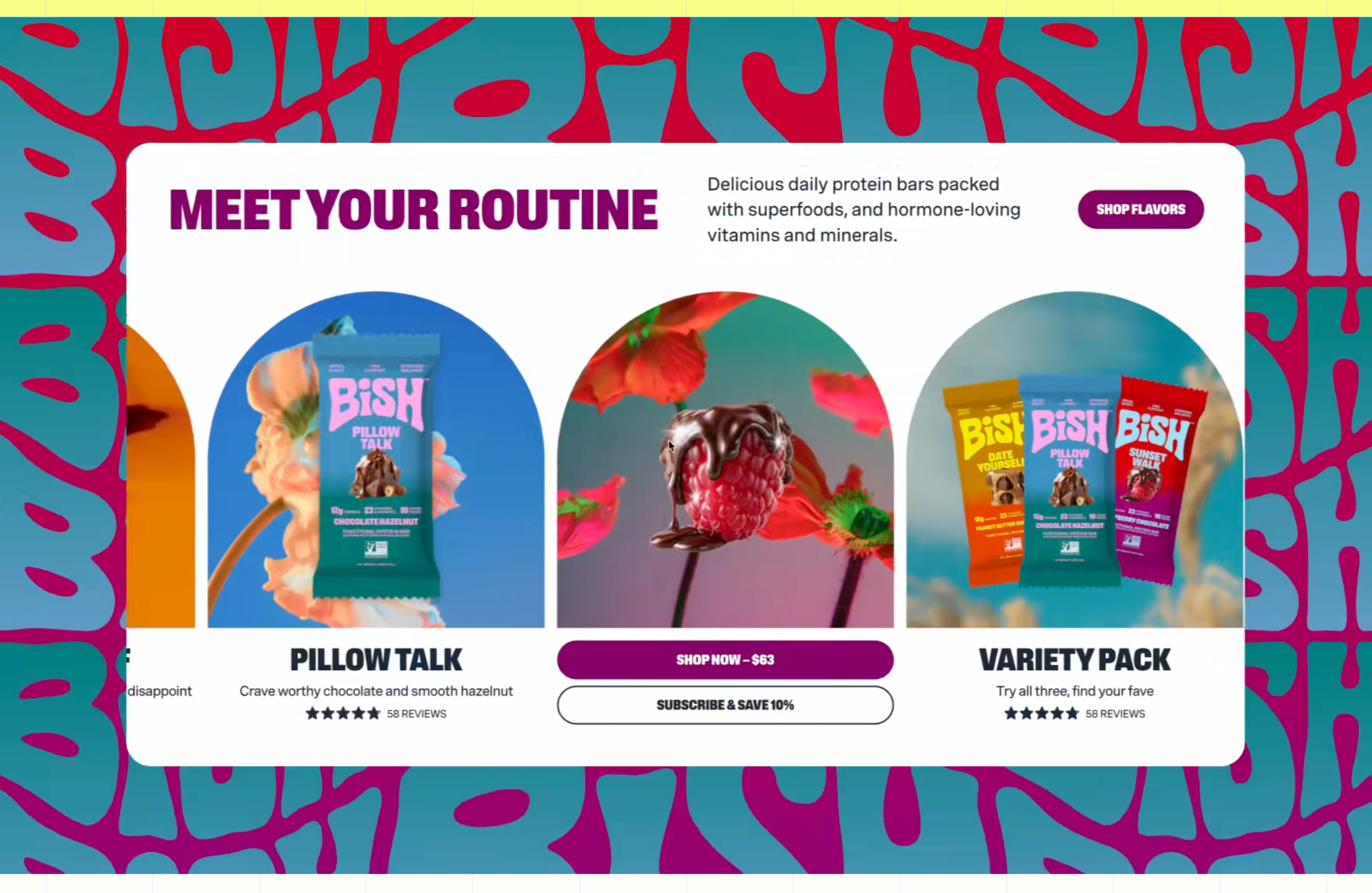 Otherhalf product showcase with Meet Your Routine headline, three arched BISH bar photos, and shop CTAs