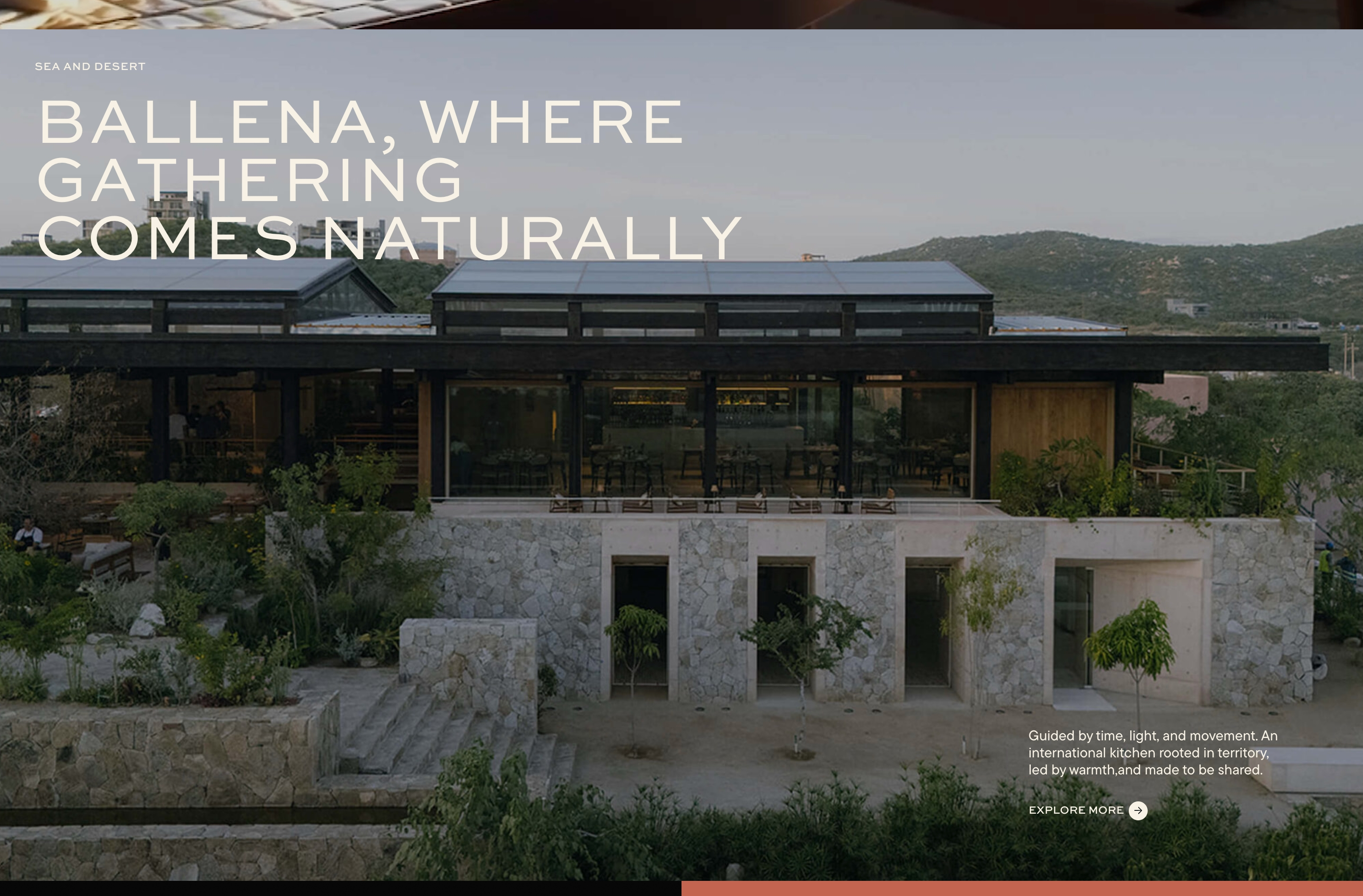 Ballena about section: gathering headline over a dusk photo of the stone-and-glass restaurant, plus Explore More