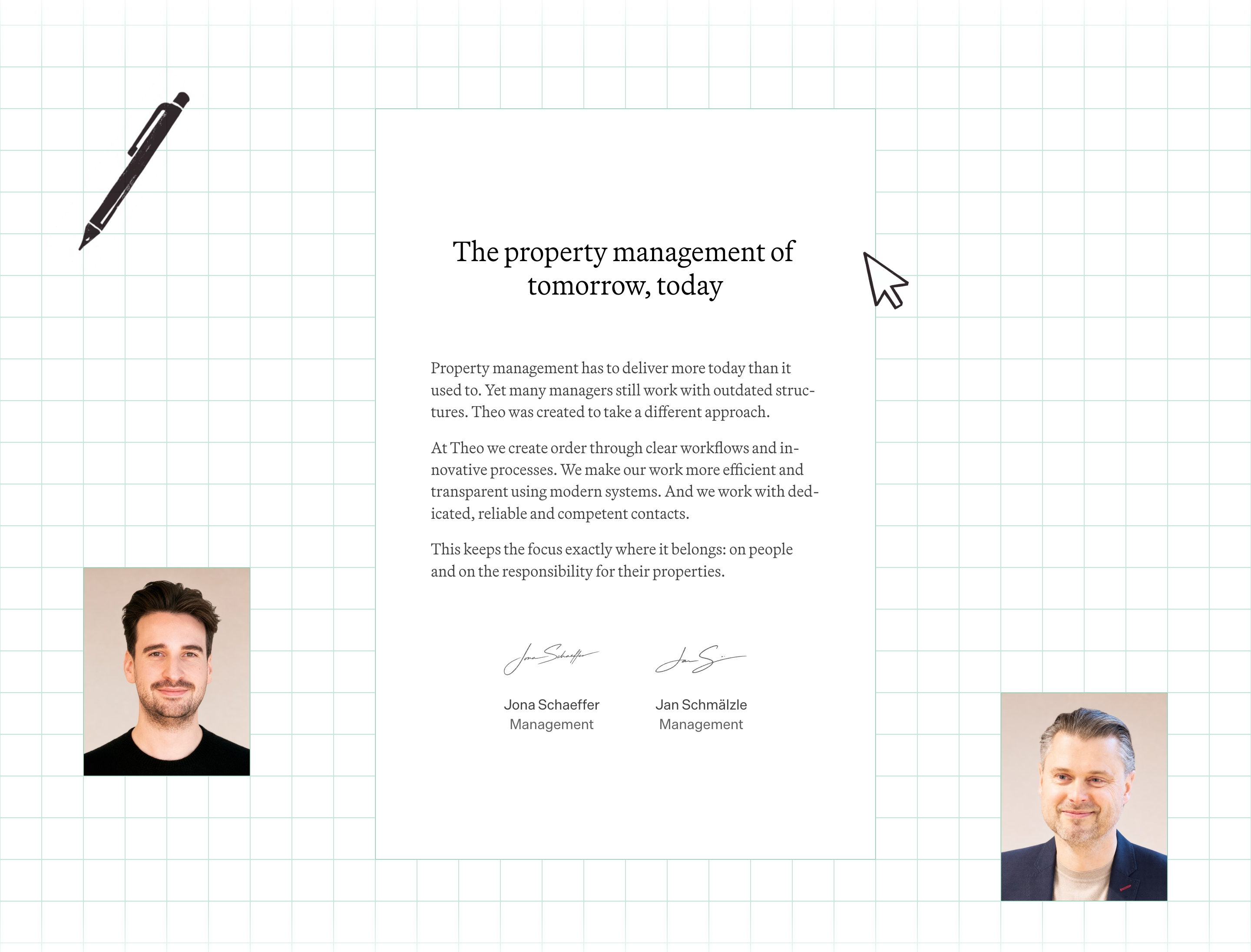 Theo mission statement: centered letter on a green grid with two signed portraits and pen and cursor icons