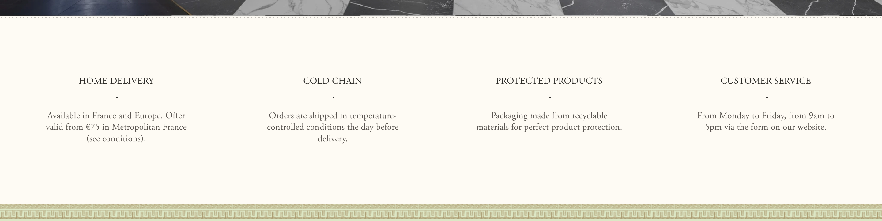 Ladurée features grid with four centered columns for home delivery, cold chain, packaging, and customer service.