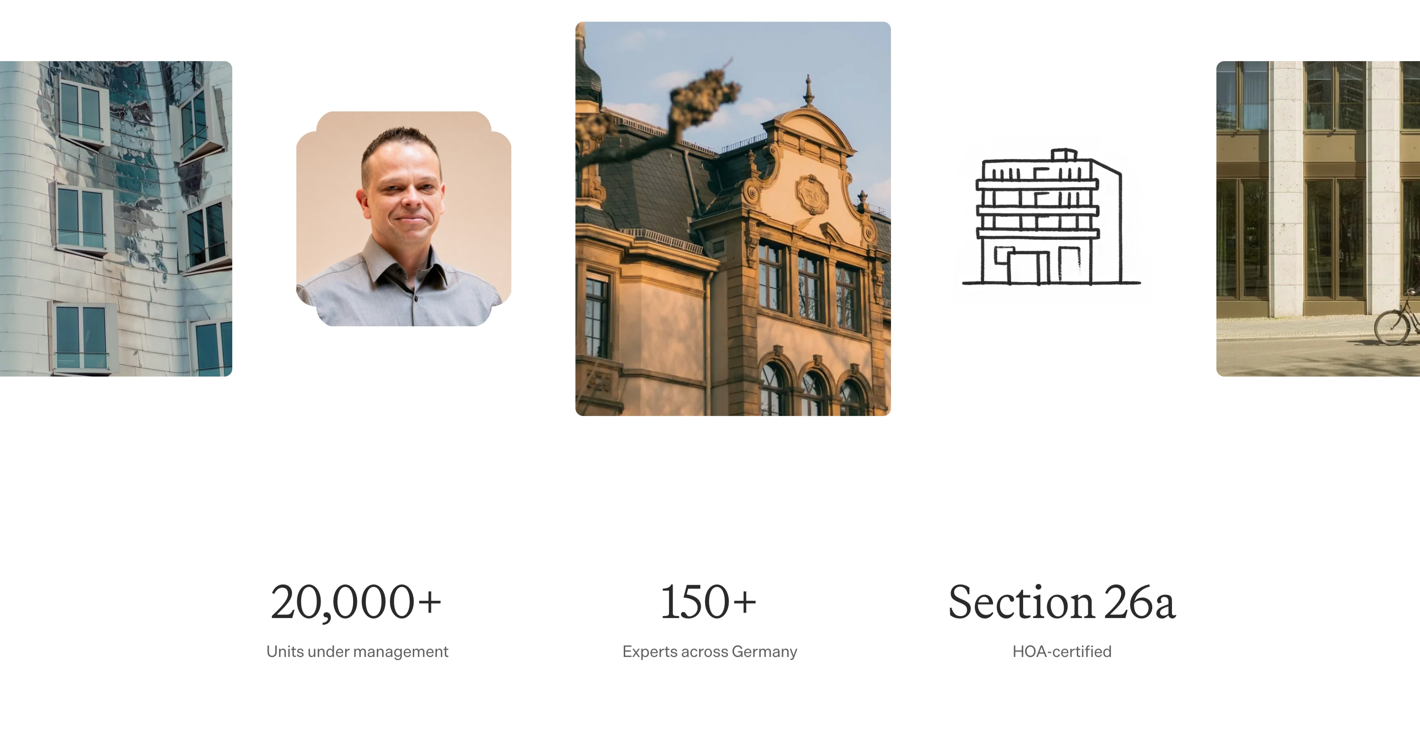 Theo key metrics section: building photos, staff portrait and line drawing above 20,000+, 150+ and Section 26a stats