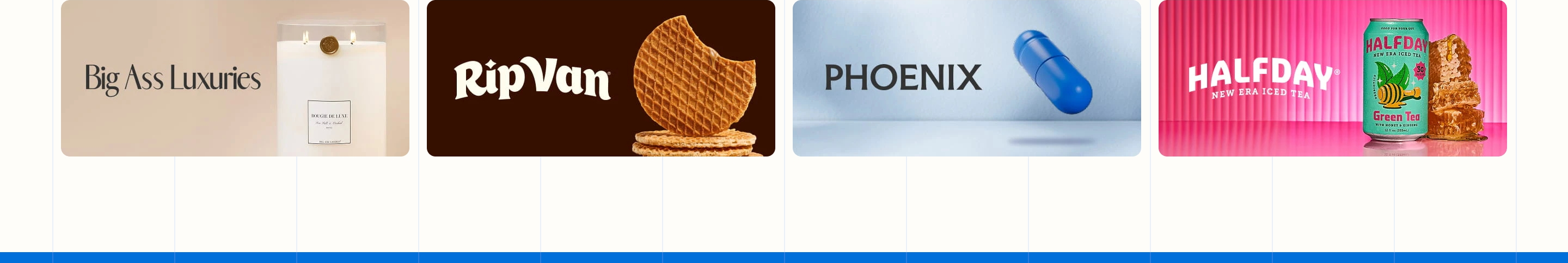 Otherhalf client logos: four cards for Big Ass Luxuries, RipVan, Phoenix, and Halfday with product photos.