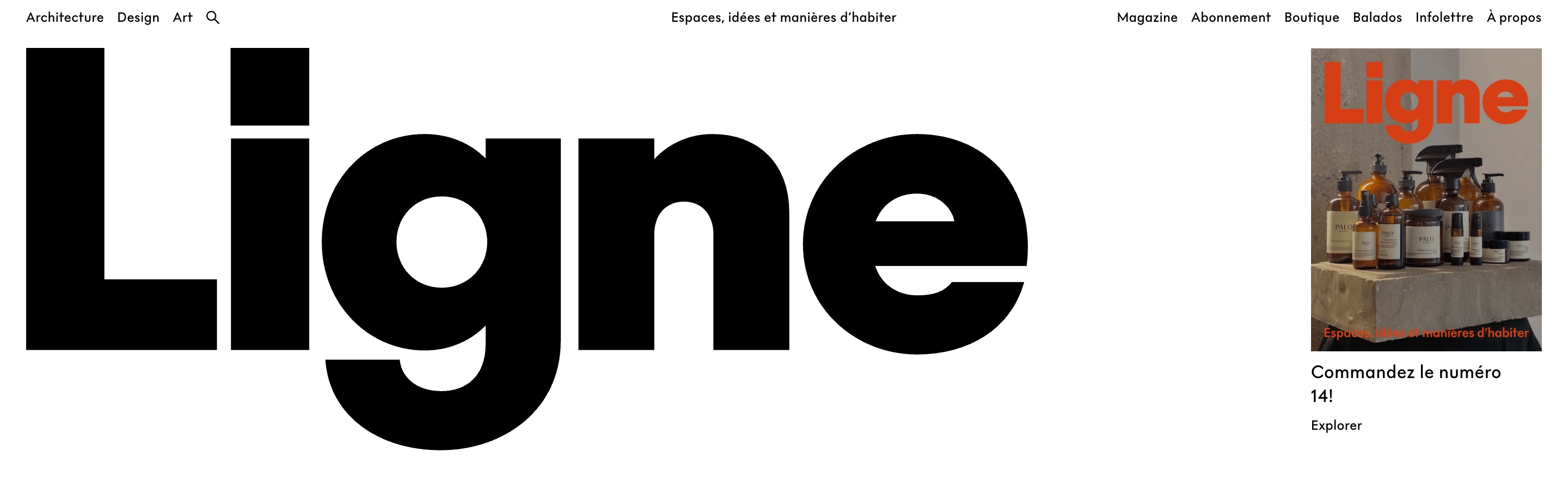 Ligne magazine header: top nav, oversized Ligne wordmark, and issue 14 cover with amber bottles.