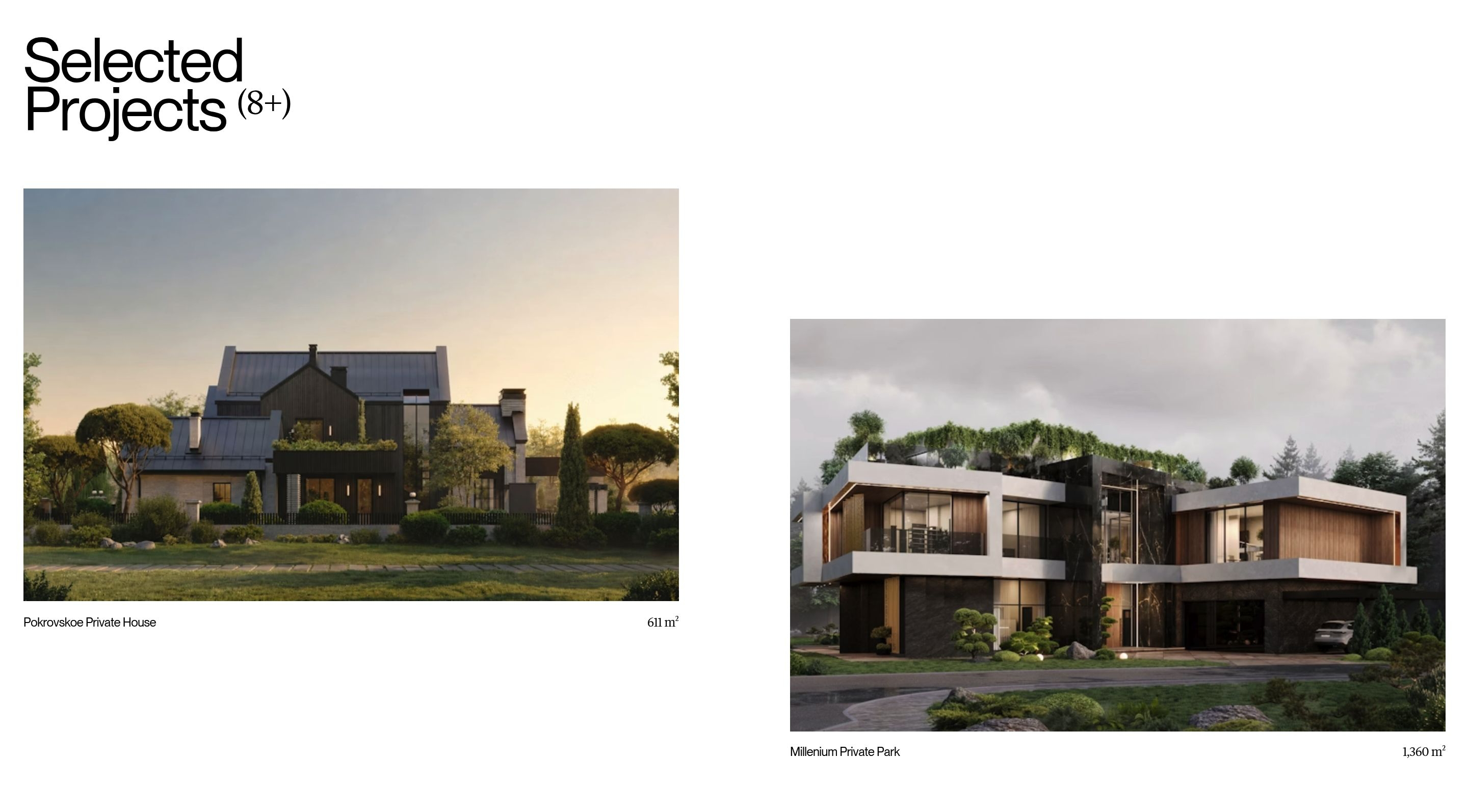 Kononenko Architectural Bureau selected-projects gallery with two offset building photos and area captions