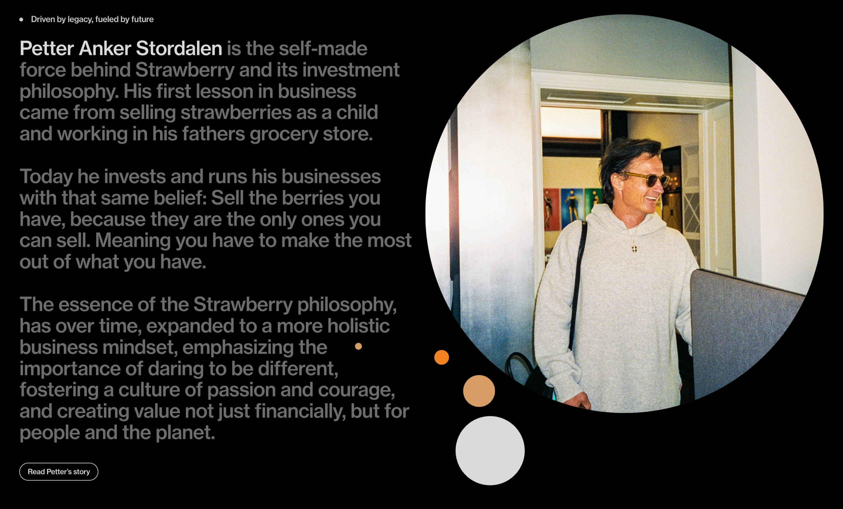 Strawberry Group founder profile with Petter Stordalen bio text, circular portrait, and Read Petter's story button