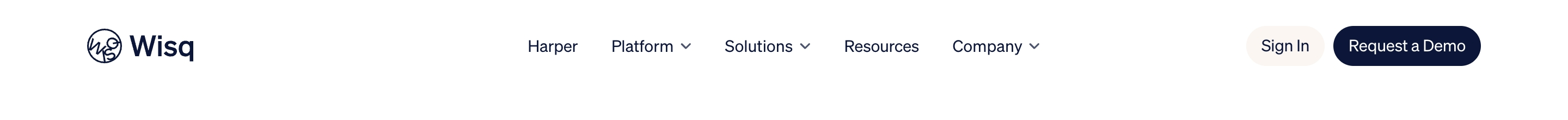 Wisq header with logo, centered nav links, Sign In and Request a Demo buttons on white.