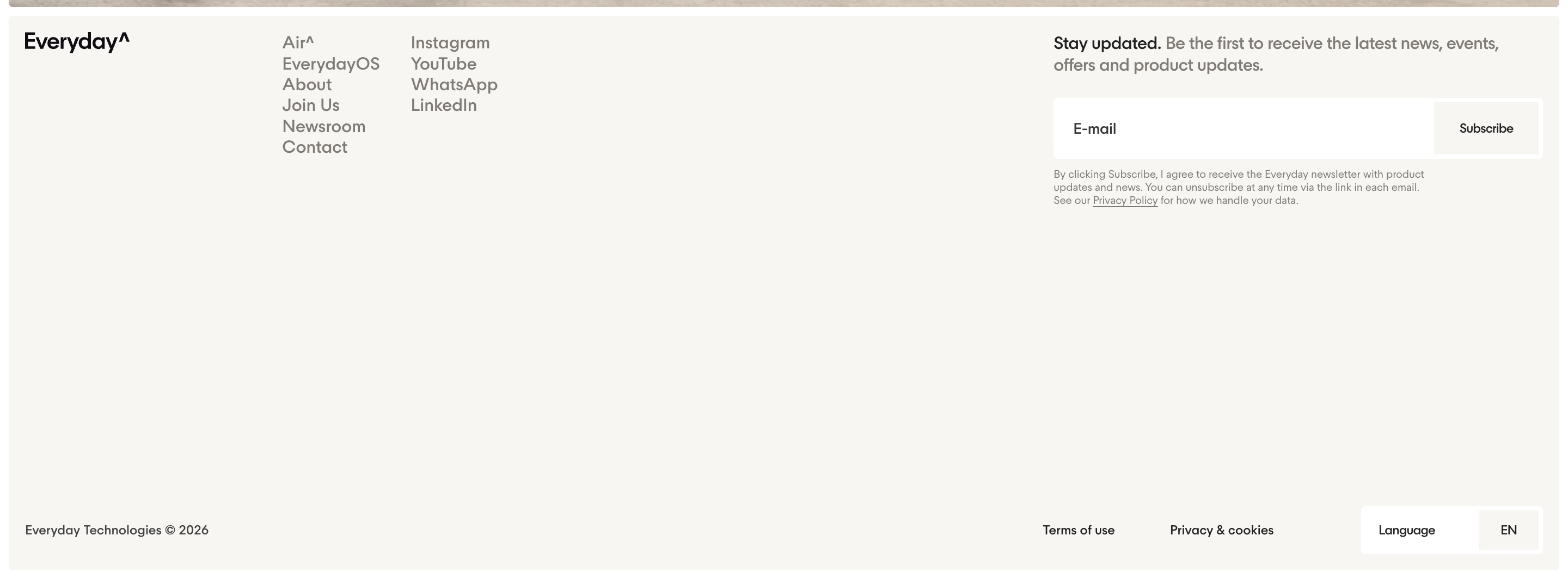 Everyday website footer with logo, site and social links, newsletter signup, copyright, and language selector