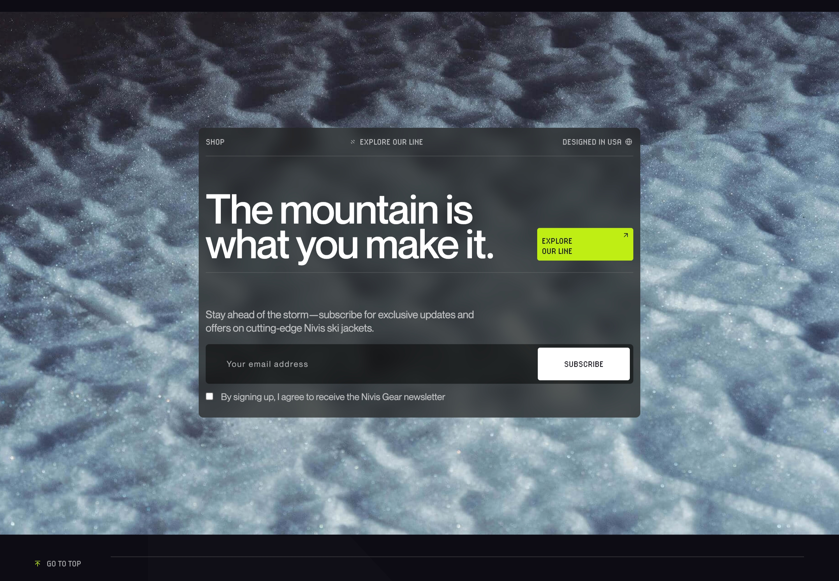 Nivis Gear newsletter section: dark glass card, mountain headline, and email form over textured snow.