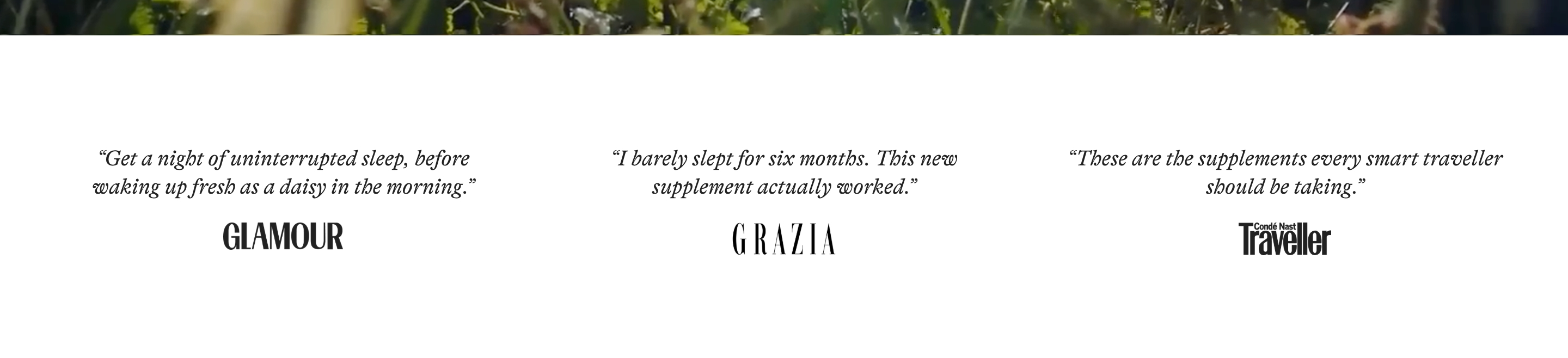 Diome press testimonials: three italic quotes with Glamour, Grazia, and Condé Nast Traveller logos.