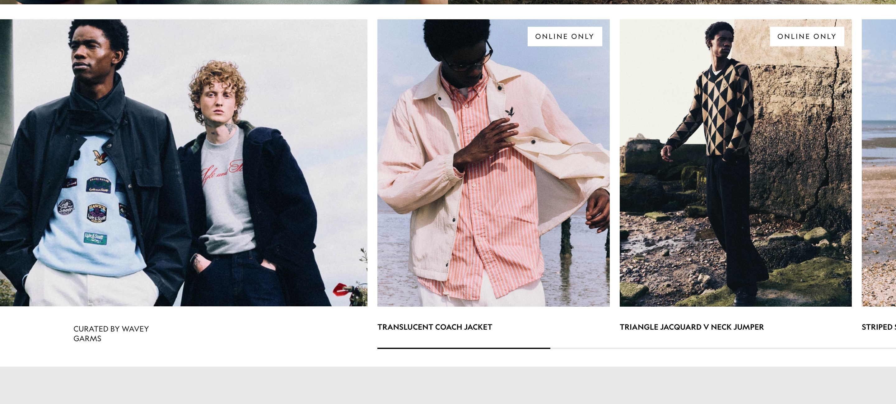 Lyle and Scott product gallery of models in jackets and a triangle jumper with ONLINE ONLY labels