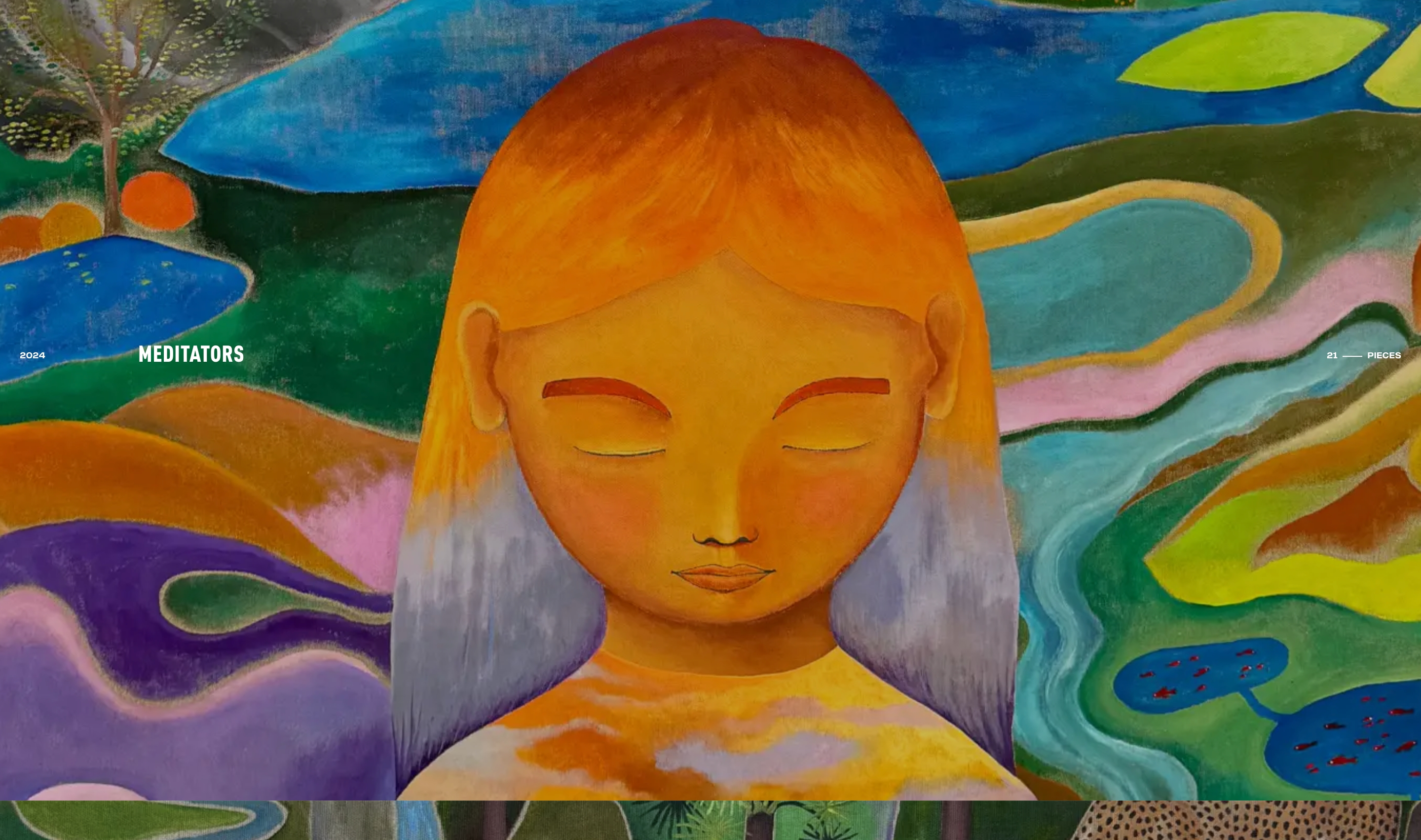 Julien Calot featured artwork: colorful painting of a girl with closed eyes; overlays 2024, MEDITATORS, 21 — PIECES