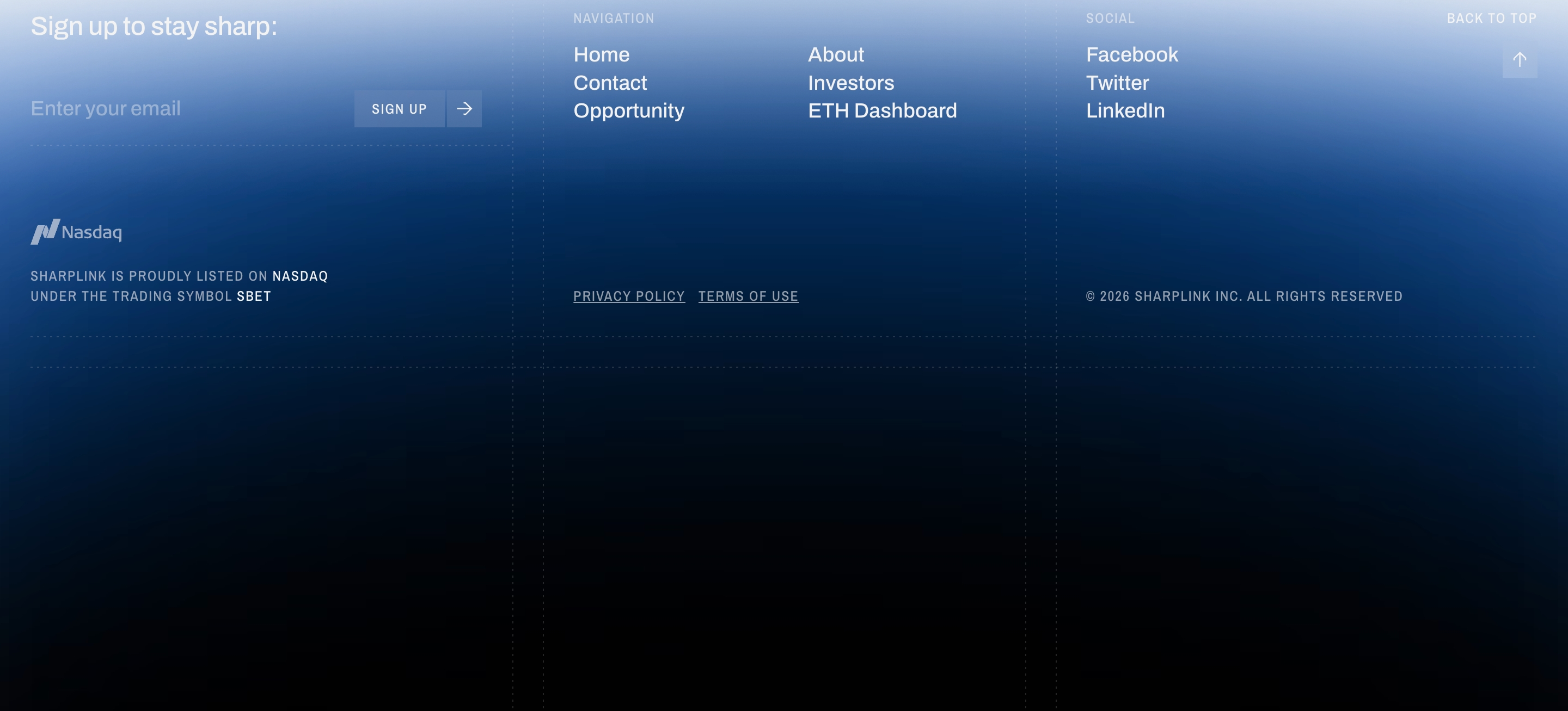 Sharplink footer with email signup, nav and social links, Nasdaq listing, and legal copy on a dark blue gradient