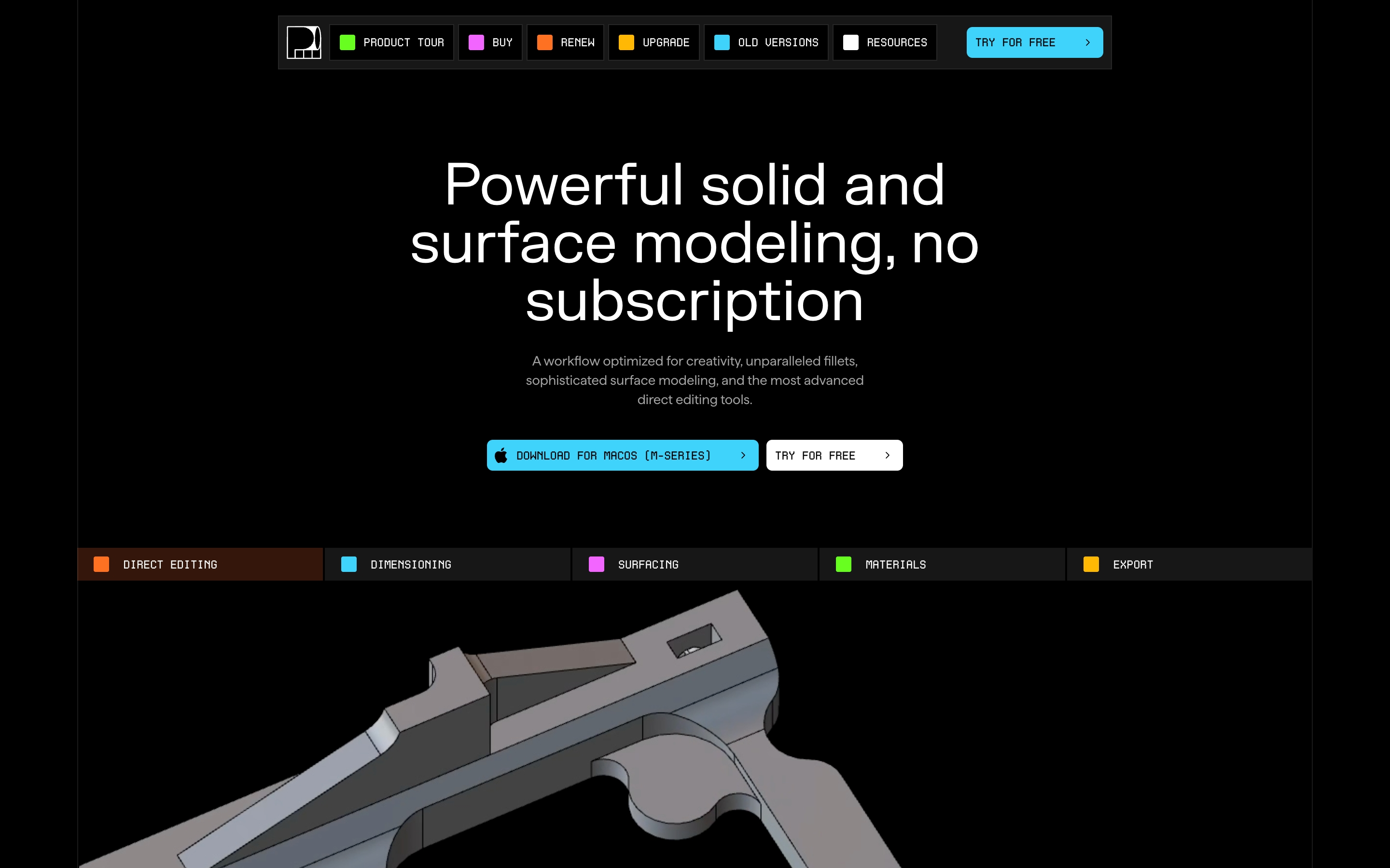 Plasticity hero: dark centered headline and CTAs above a colored feature strip and gray 3D pistol model.