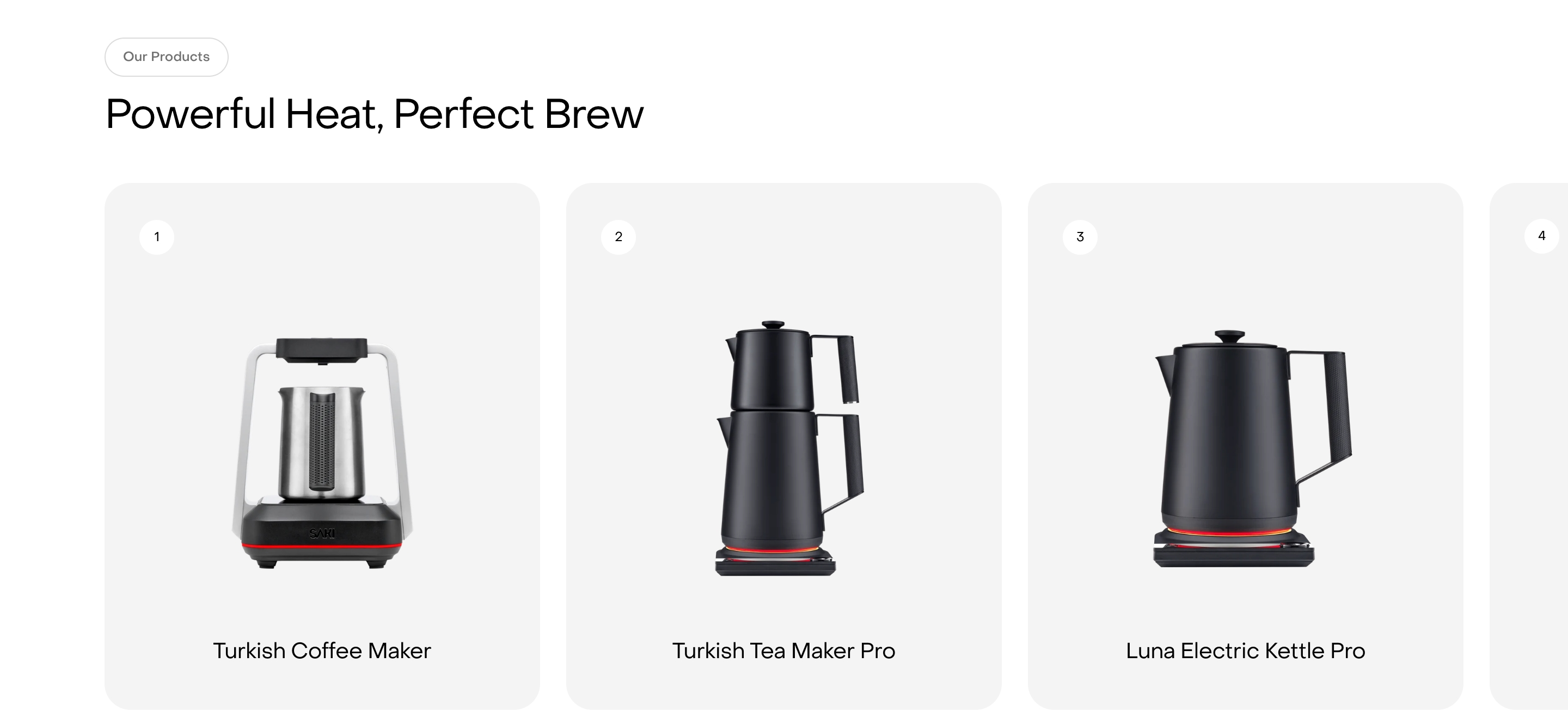 Saki product catalog with numbered cards for Turkish Coffee Maker, Tea Maker Pro, and Luna Kettle.