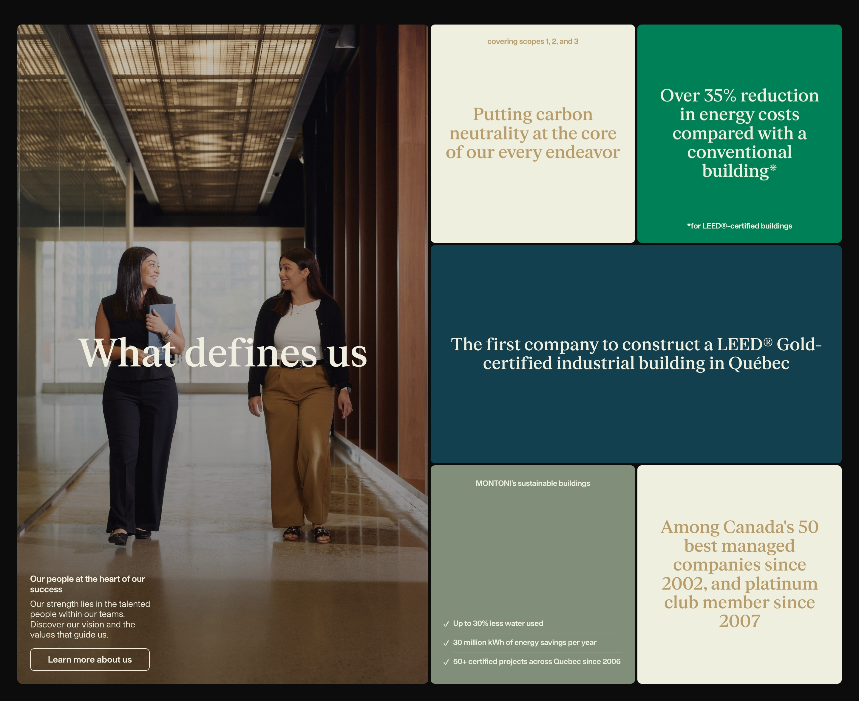 Montoni sustainability stats section: office hallway photo beside colored cards on carbon neutrality, LEED, and energy savings