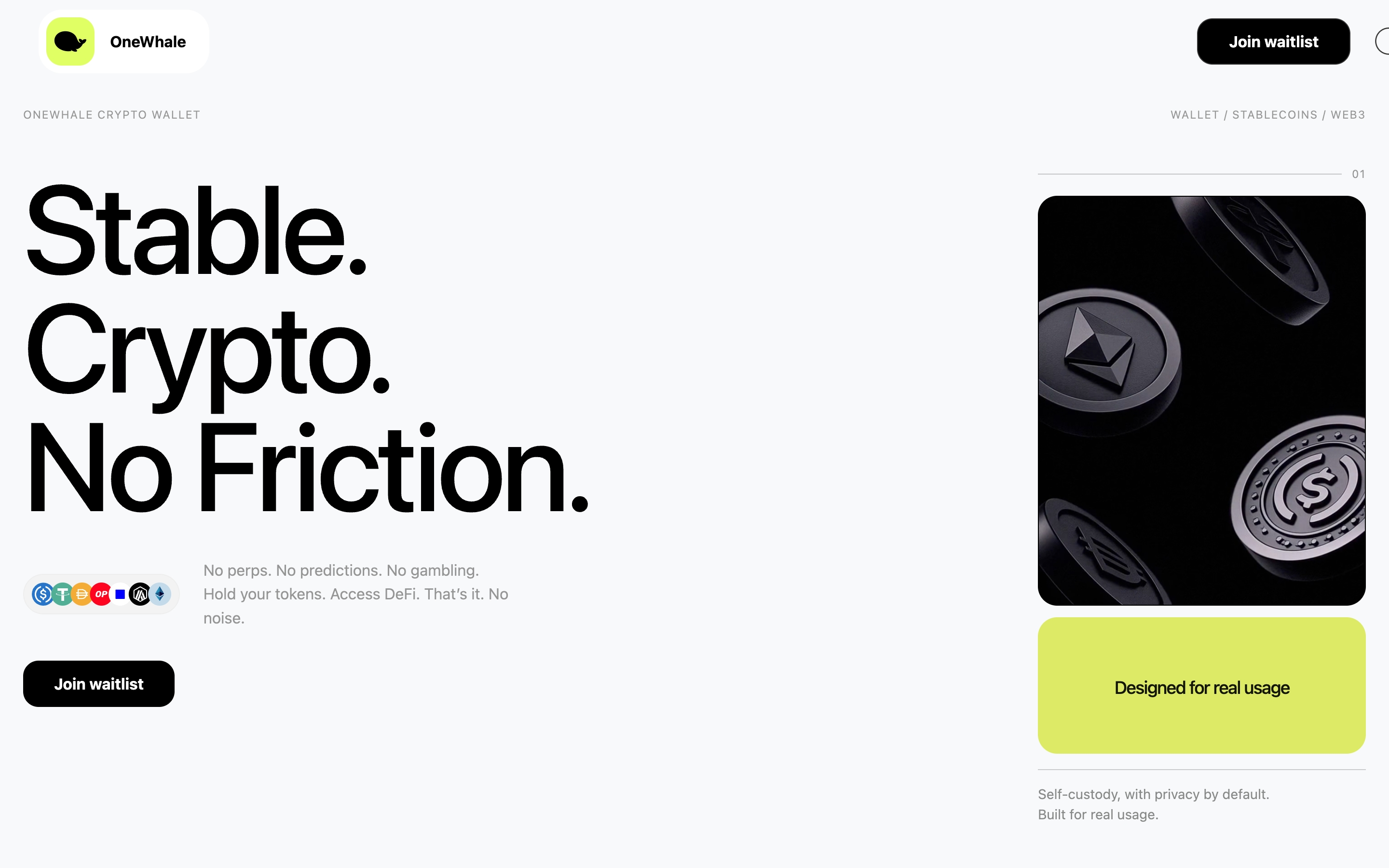 OneWhale hero with stacked Stable Crypto No Friction headline, waitlist CTA, and 3D coin still.