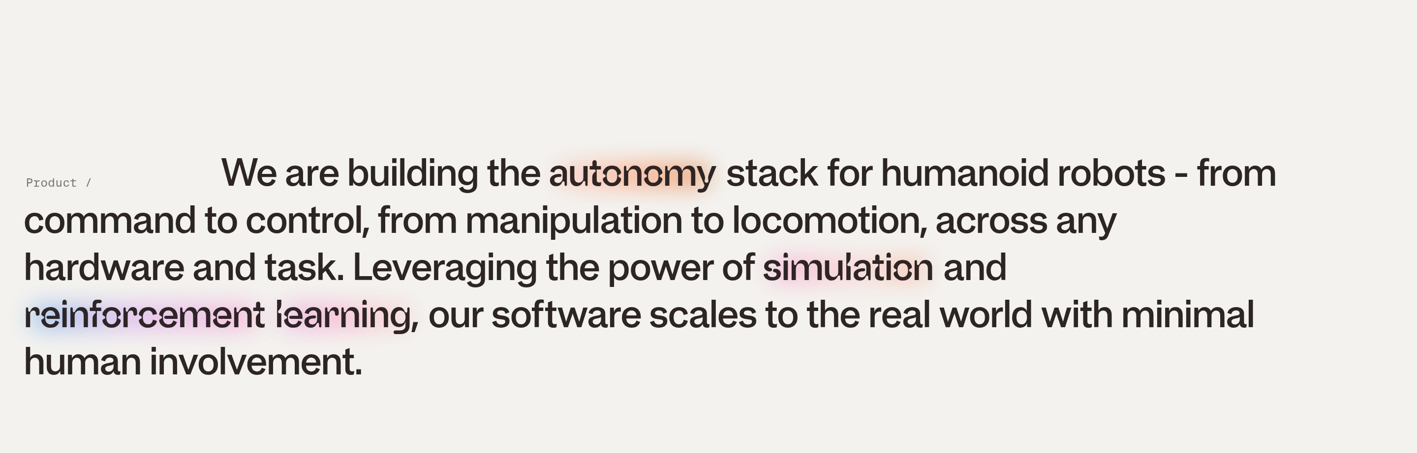 Flexion Robotics product mission statement with large paragraph and gradient highlights on autonomy, simulation, and reinforcement learning.