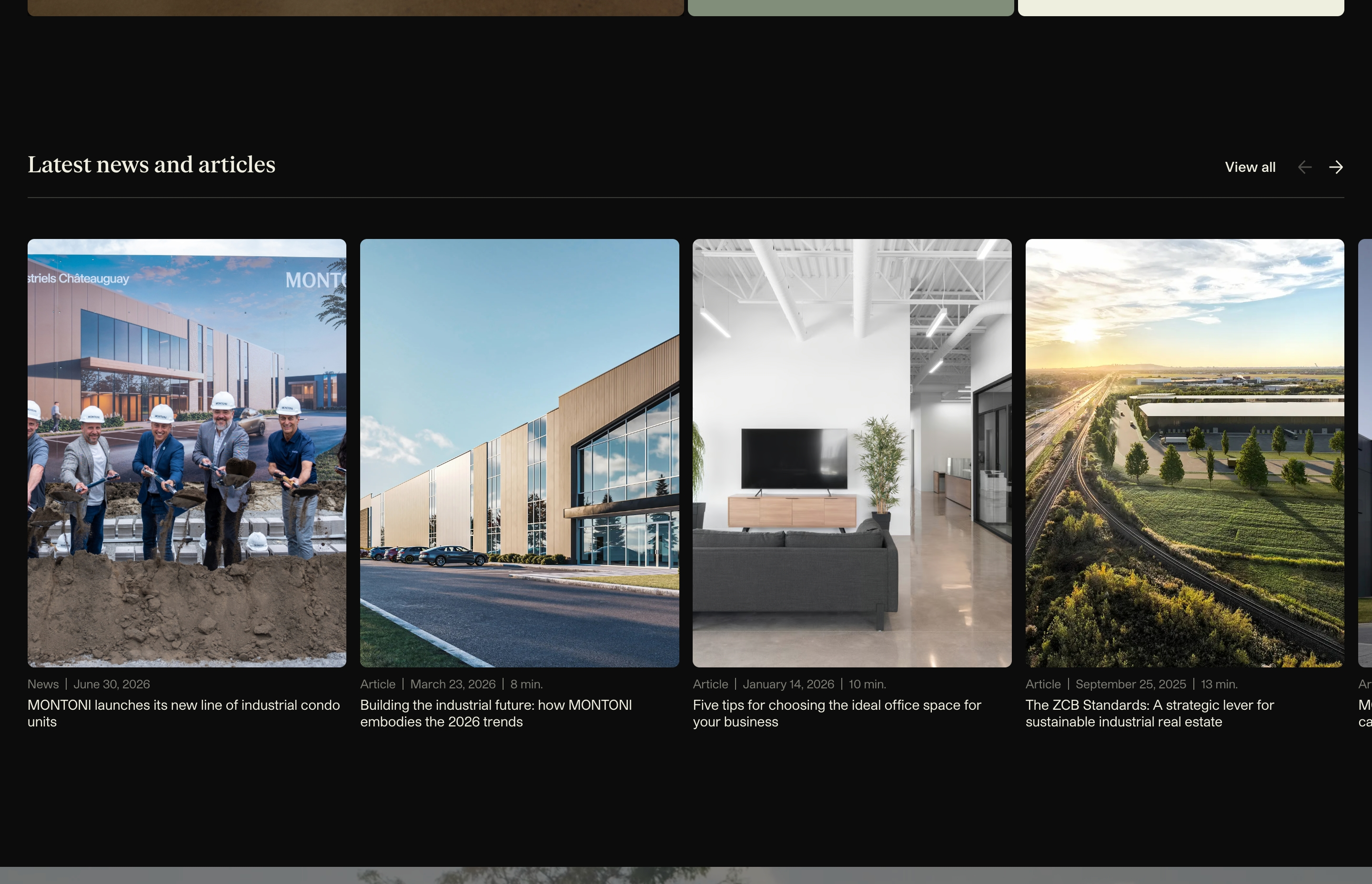 Montoni news section on black: serif heading and a row of photo cards for articles and news.