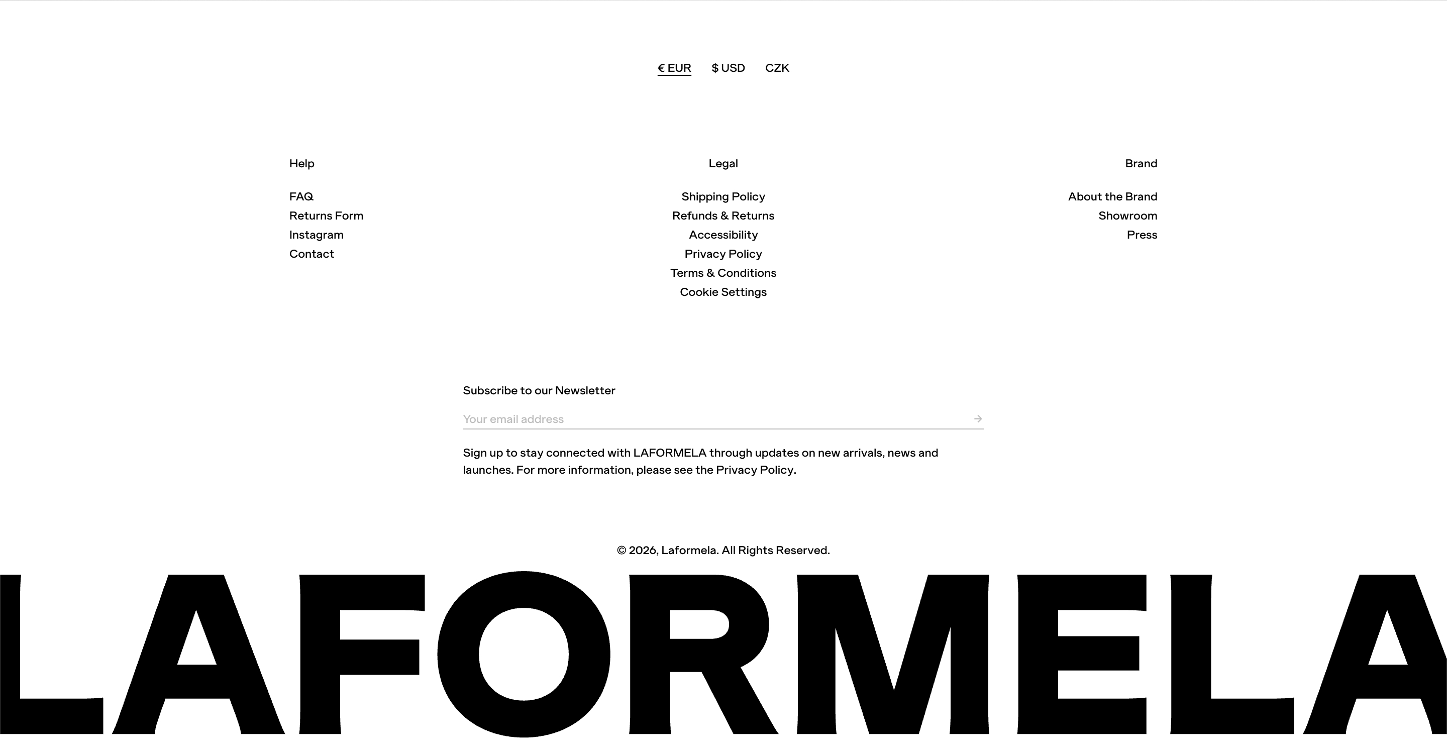 Laformela footer with currency options, Help Legal Brand links, newsletter field, copyright, and oversized LAFORMELA wordmark.