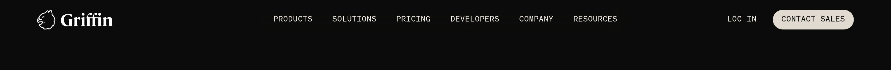 Griffin header with white logo, centered all-caps links, Log in, and cream Contact Sales button on black.