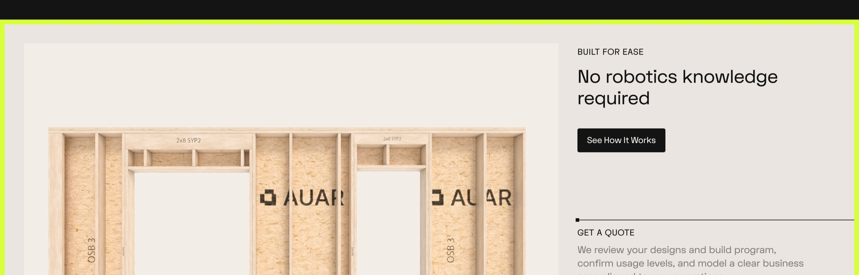 AUAR feature: timber wall panels beside Built for Ease copy and a See How It Works button