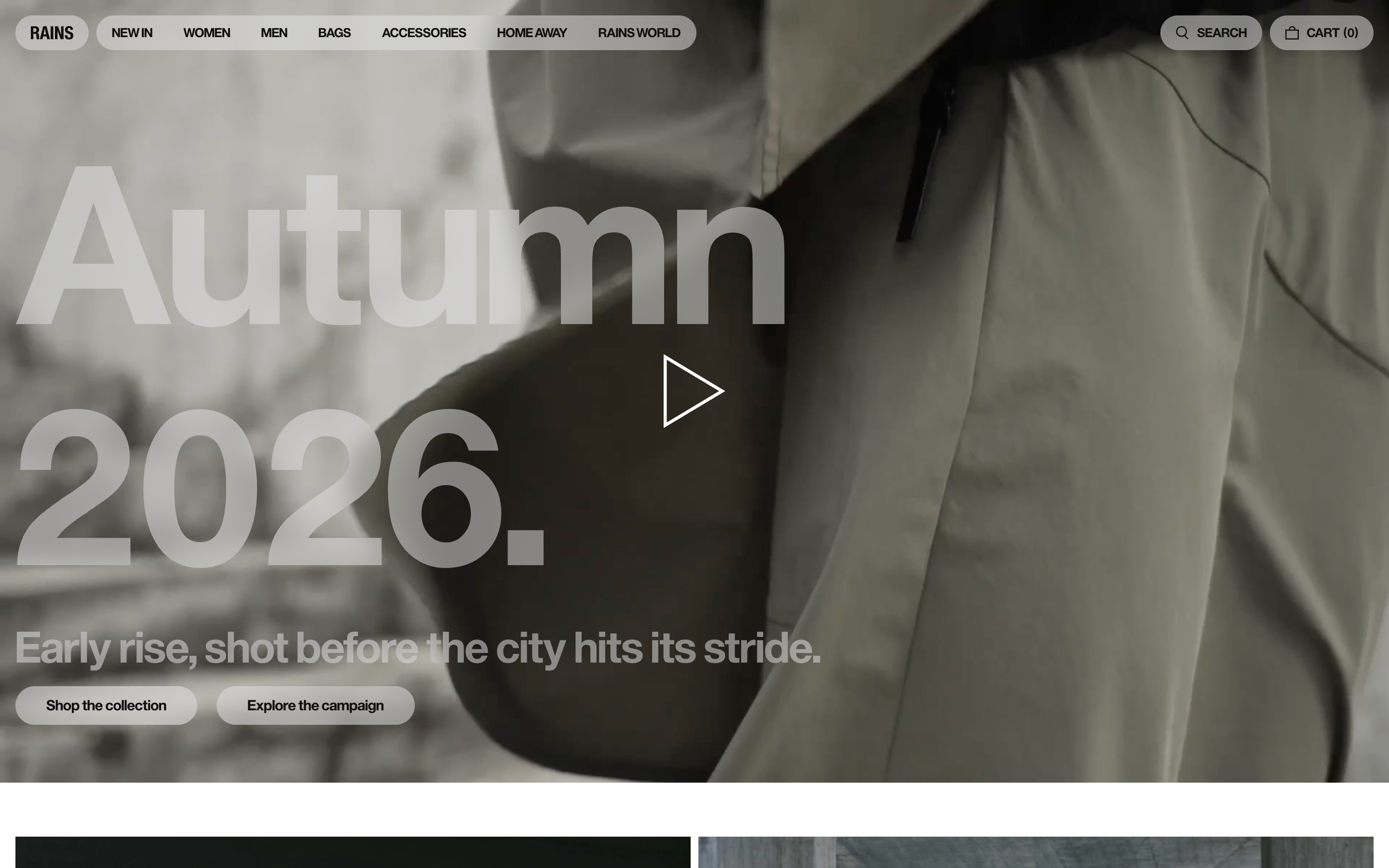 Rains hero: oversized Autumn 2026 type over a beige raincoat close-up, play icon, and two campaign buttons
