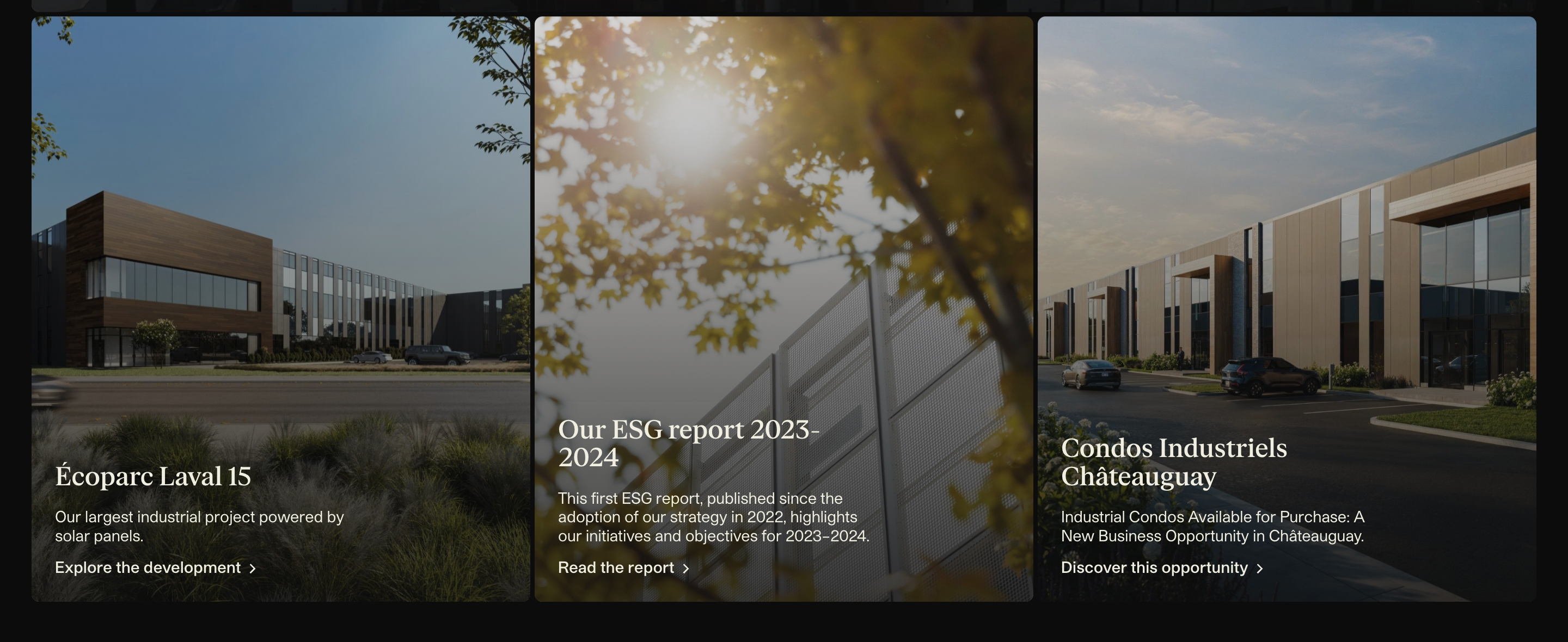 Montoni project highlights with three photo cards for Écoparc Laval 15, an ESG report, and Châteauguay condos
