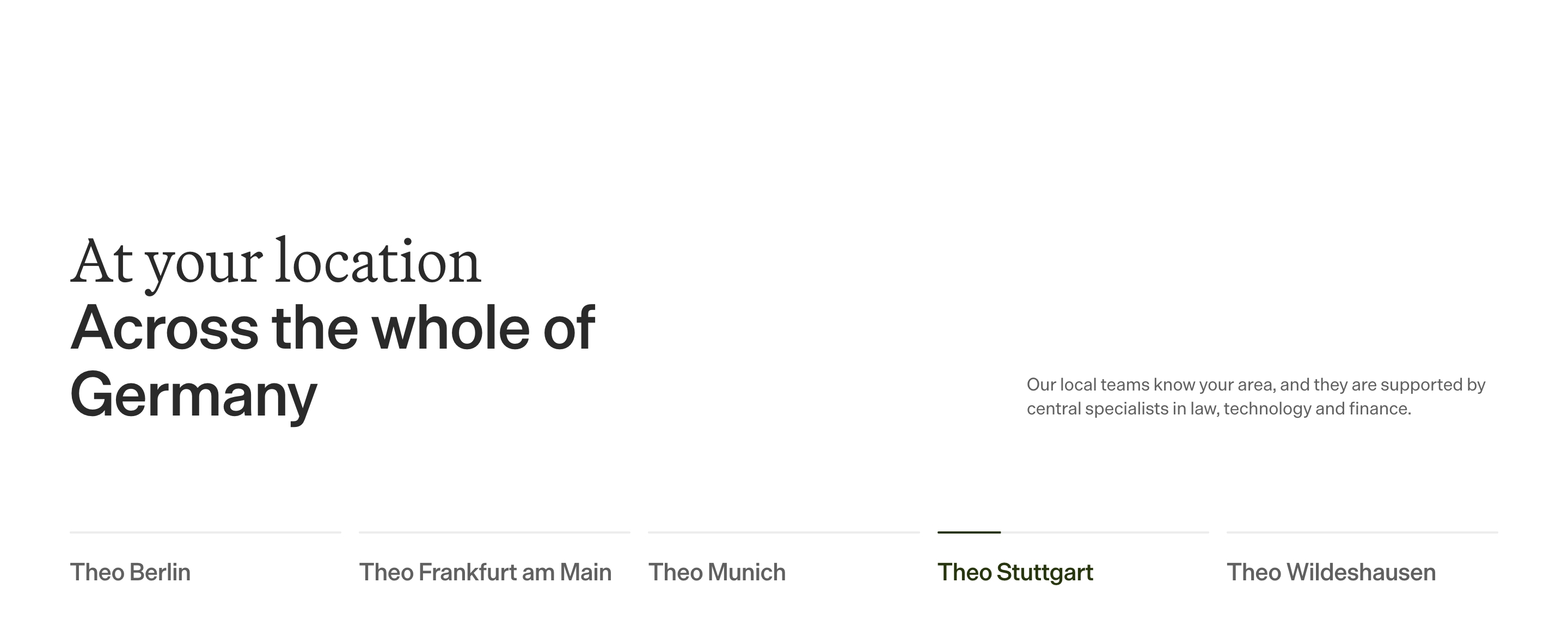 Theo location selector with large Germany headline, supporting copy, and five city tabs, Stuttgart selected.