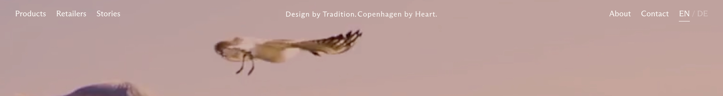 Jakobsen Copenhagen header: left links, centered slogan, right About Contact EN/DE over a bird photo