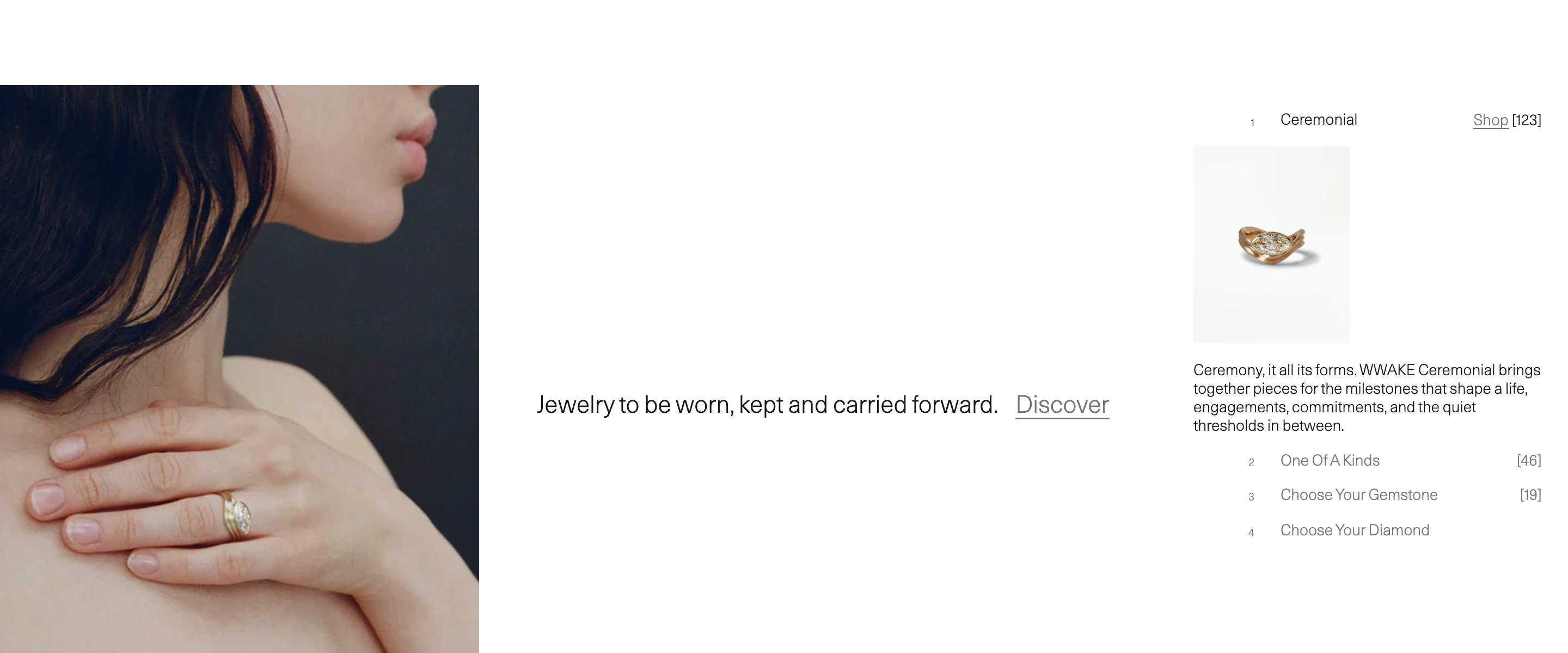 Wwake brand introduction: portrait of a woman wearing a ring, manifesto with Discover, and Ceremonial jewelry list