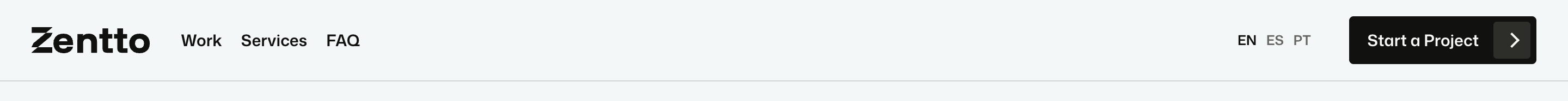 Zentto header with bold logo, Work Services FAQ links, EN ES PT languages, and a black Start a Project button.