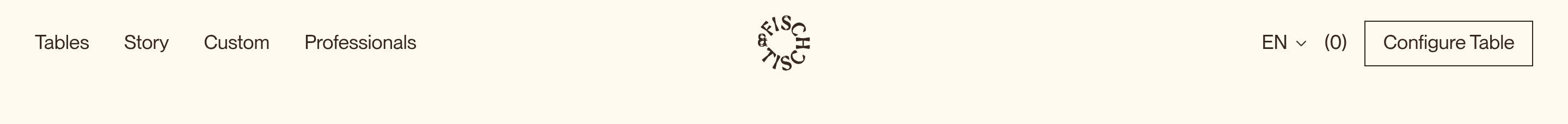 Fisch und Tisch navigation header with circular wordmark, left links, language, cart count, and outlined CTA