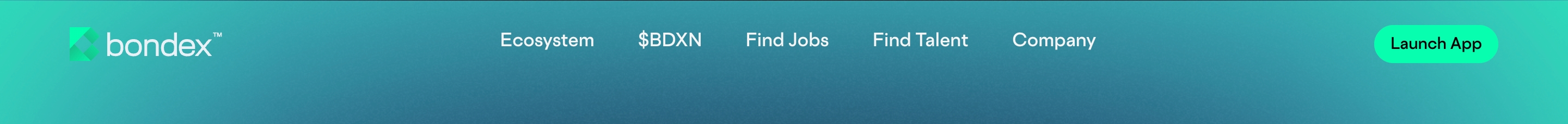 Bondex global header with logo, centered nav links, and a green Launch App button on a teal gradient.