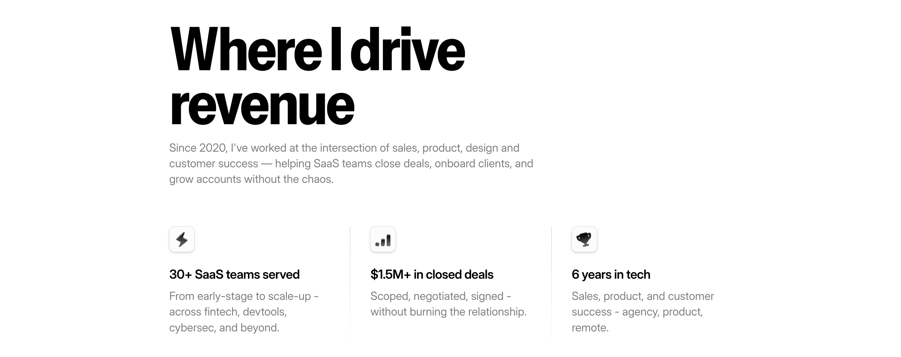 Artem Astakhov stats section: Where I drive revenue heading plus 30+ teams, $1.5M+ deals, and 6 years in tech.