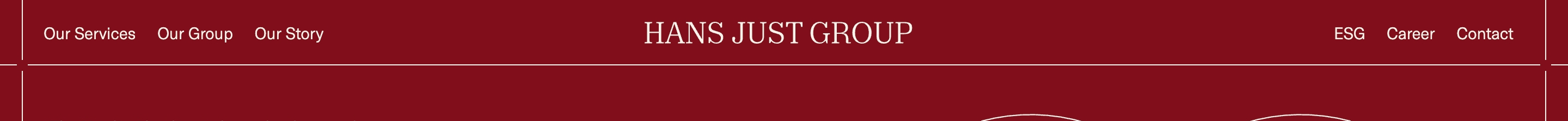 Hans Just Group header: burgundy bar, centered wordmark, cream links for services, group, story, ESG, career, contact