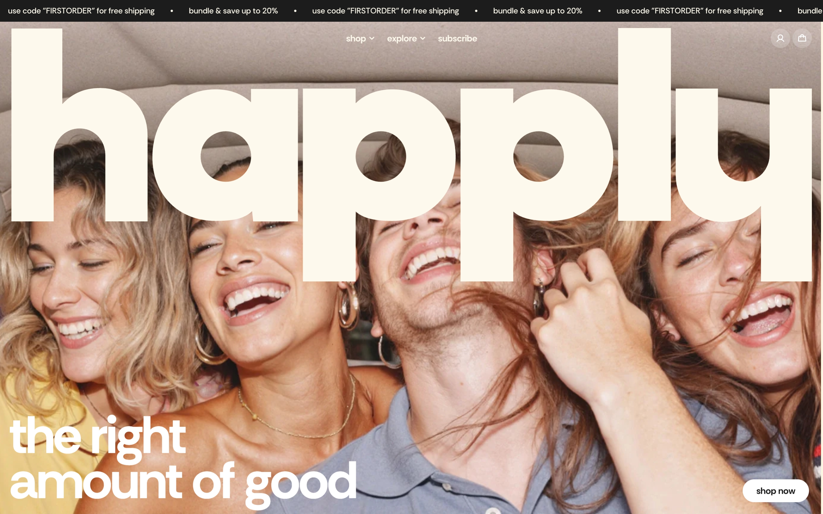 Happly hero with promo bar, nav, oversized happly wordmark over four smiling people, tagline, and Shop now button