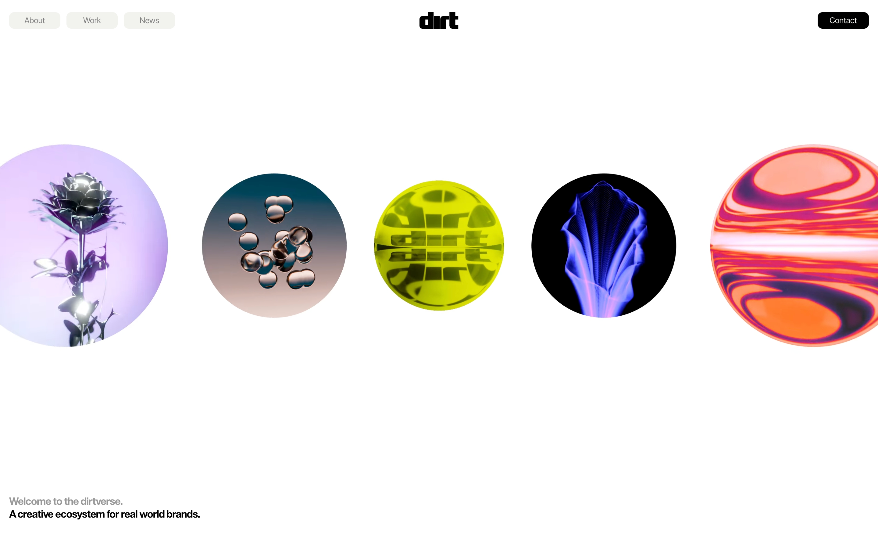 Dirtverse hero: top nav and dirt logo, five colorful circular images, welcome copy at bottom left.