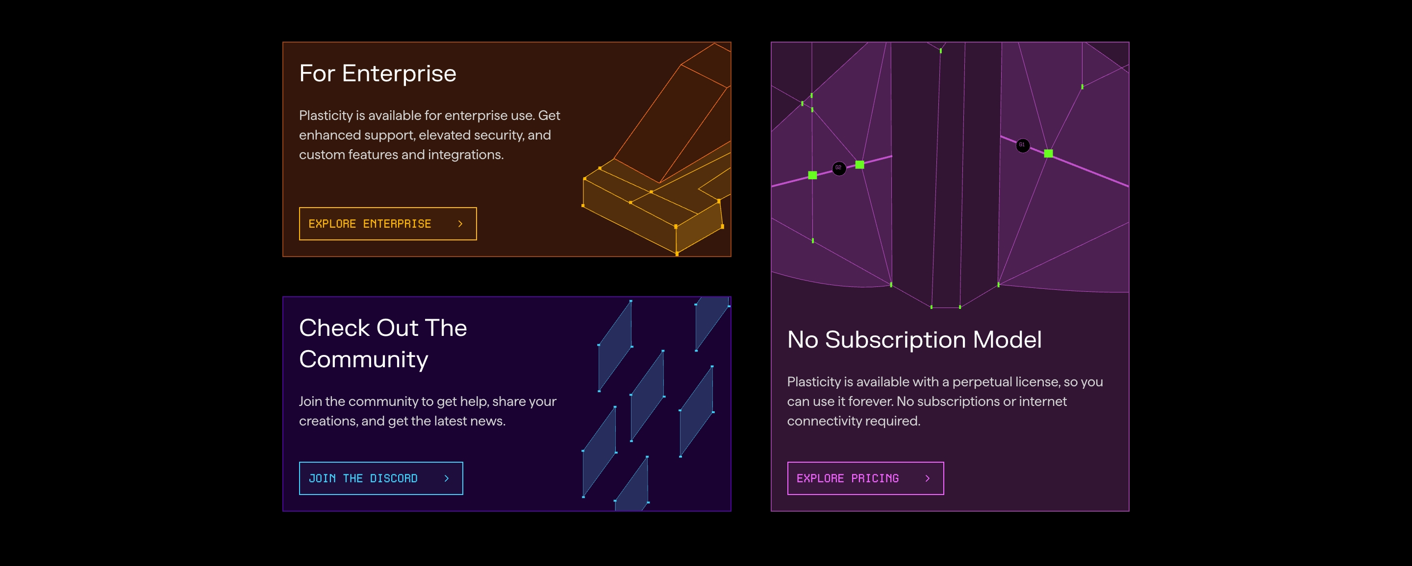 Plasticity cards section: three colored panels for enterprise, Discord community, and perpetual licensing.