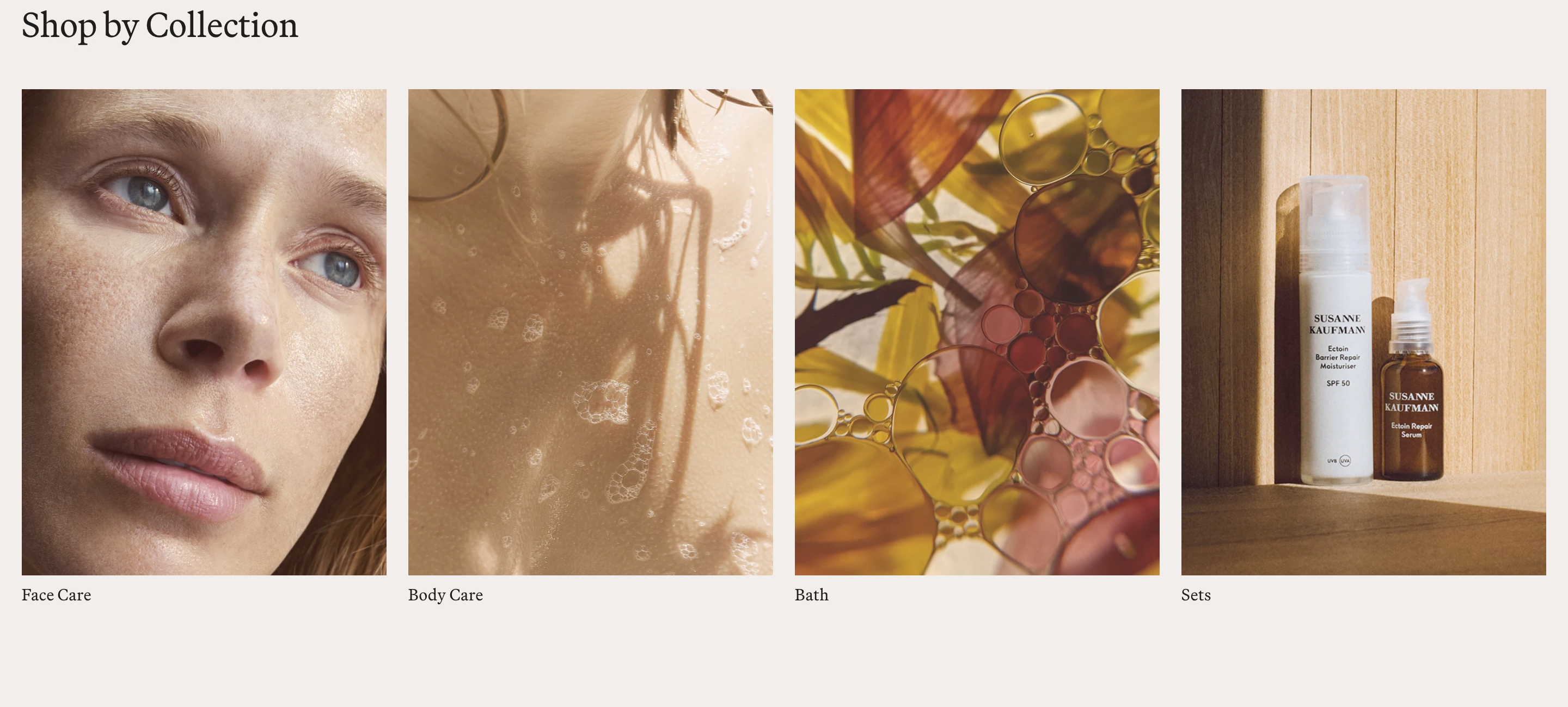 Susanne Kaufmann collection gallery: four photos labeled Face Care, Body Care, Bath, and Sets under Shop by Collection.