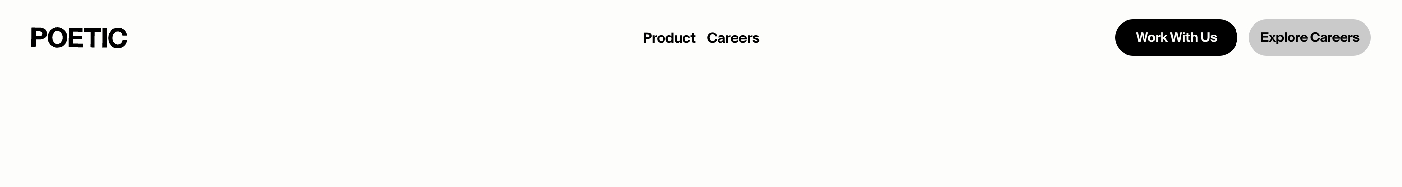 Poetic header: POETIC wordmark, Product and Careers links, Work With Us and Explore Careers buttons on white