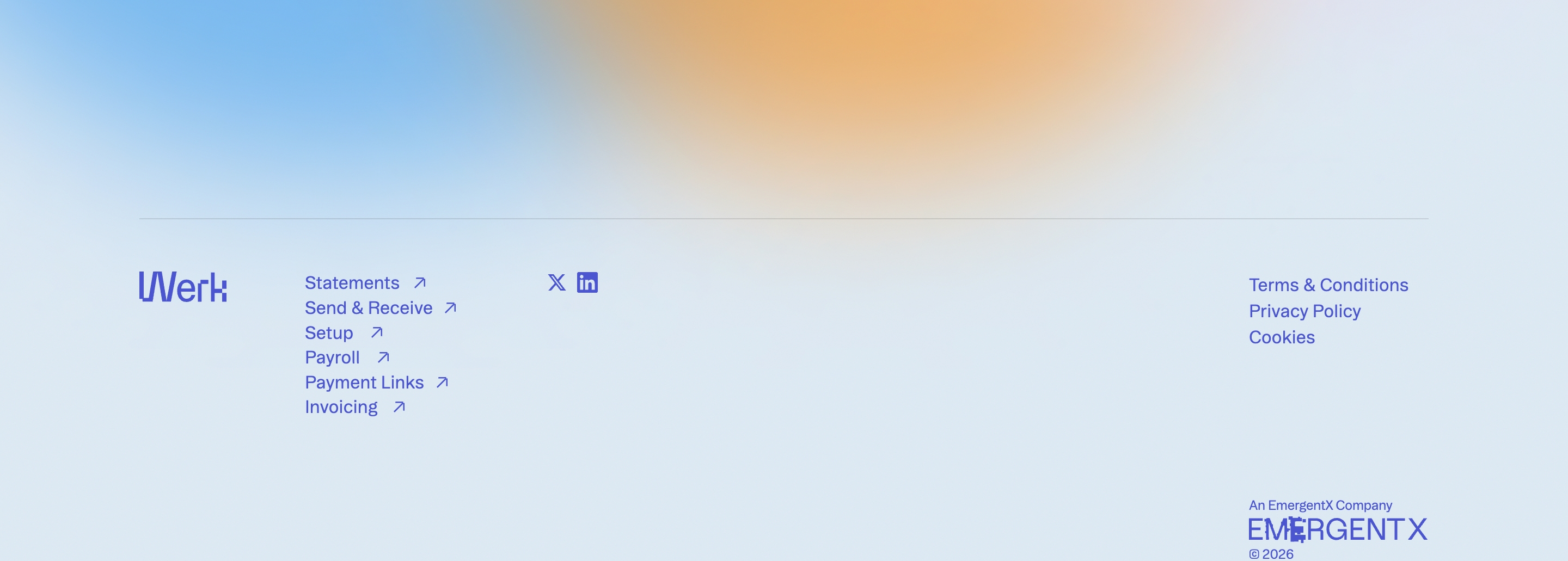 Werk footer with logo, product links, social icons, legal links, and EmergentX credit on a blue-orange gradient.
