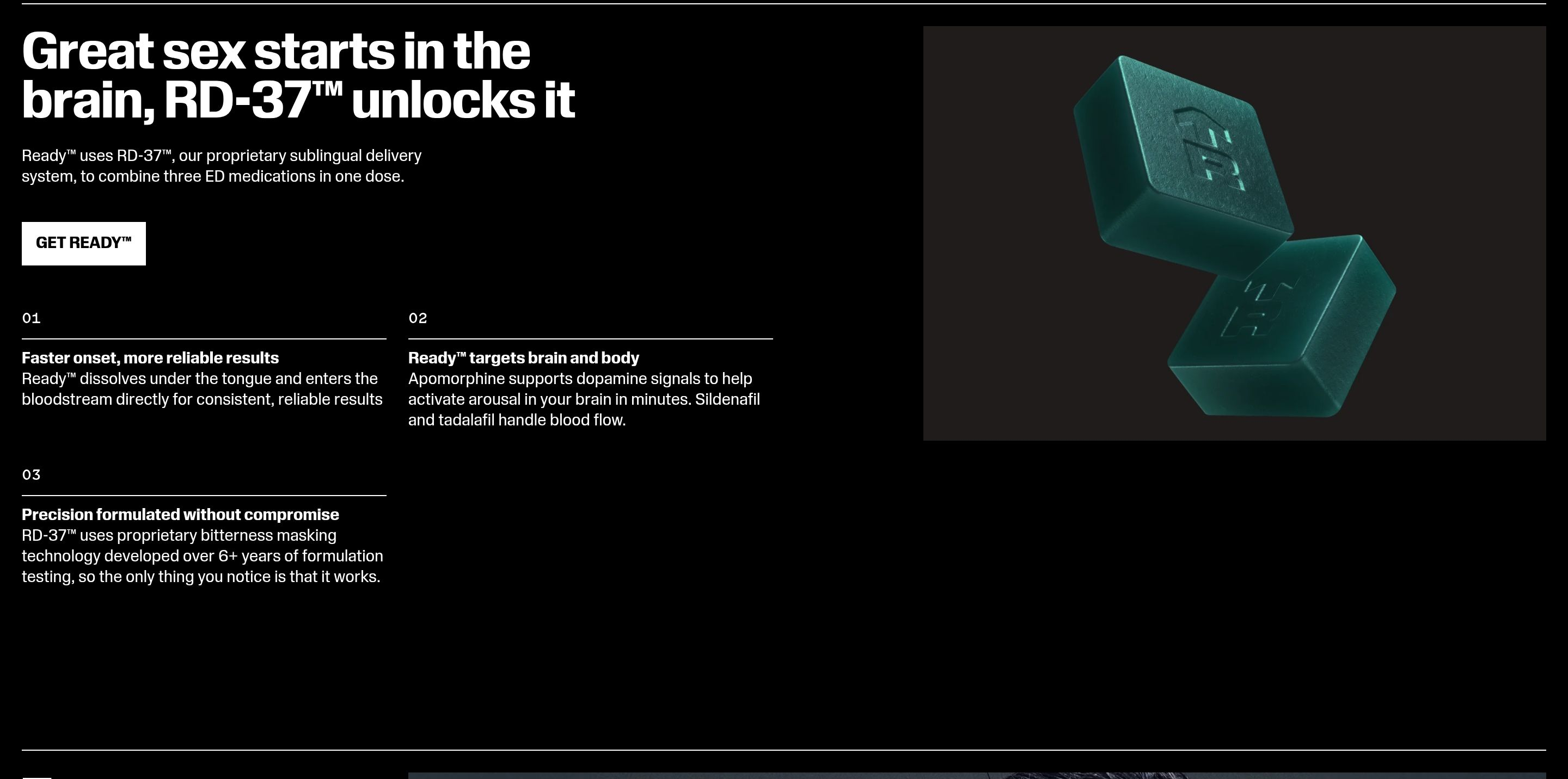 Rugiet product benefits: RD-37 headline, GET READY button, three numbered claims, and two teal 3D cubes on black