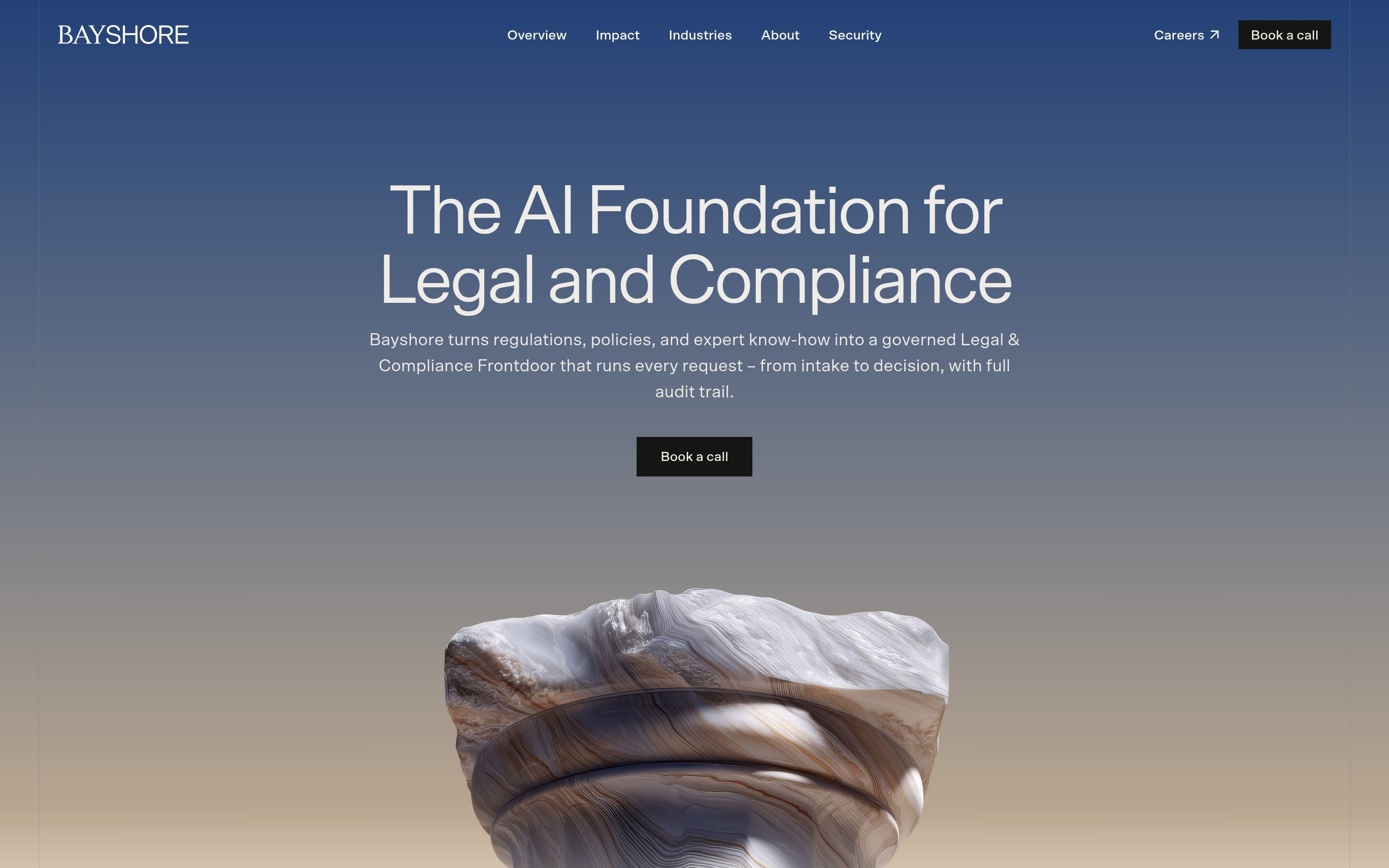 Bayshore hero: nav, centered legal AI headline, Book a call button, and marble column on a blue-beige gradient.