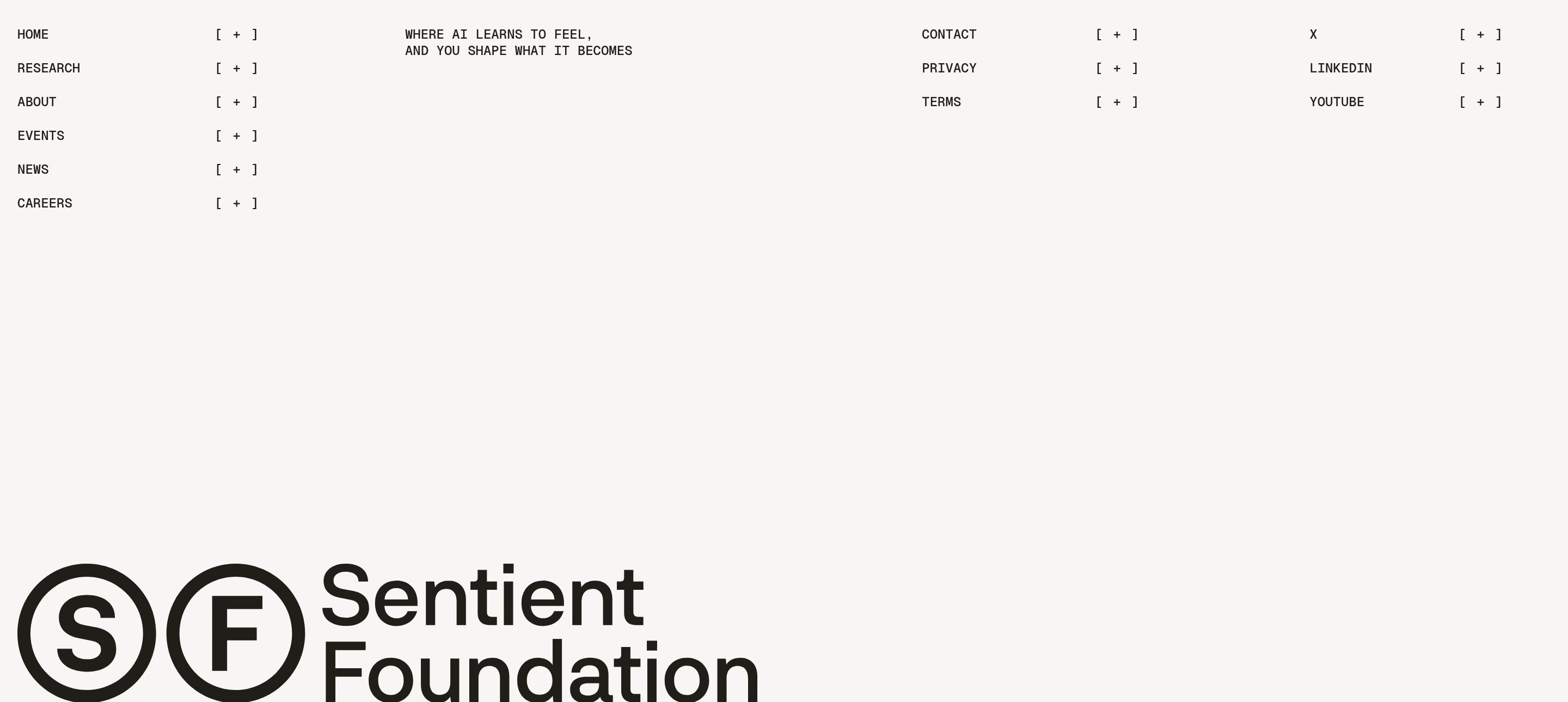 Sentient Foundation footer with all-caps link columns, a tagline, social links, and a large SF wordmark on a pale background
